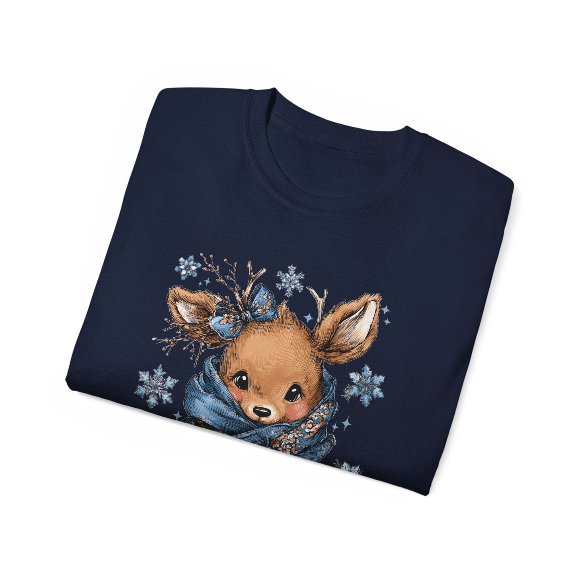 Navy t-shirt with retro patchwork reindeer design featuring winter floral accents and blue scarf