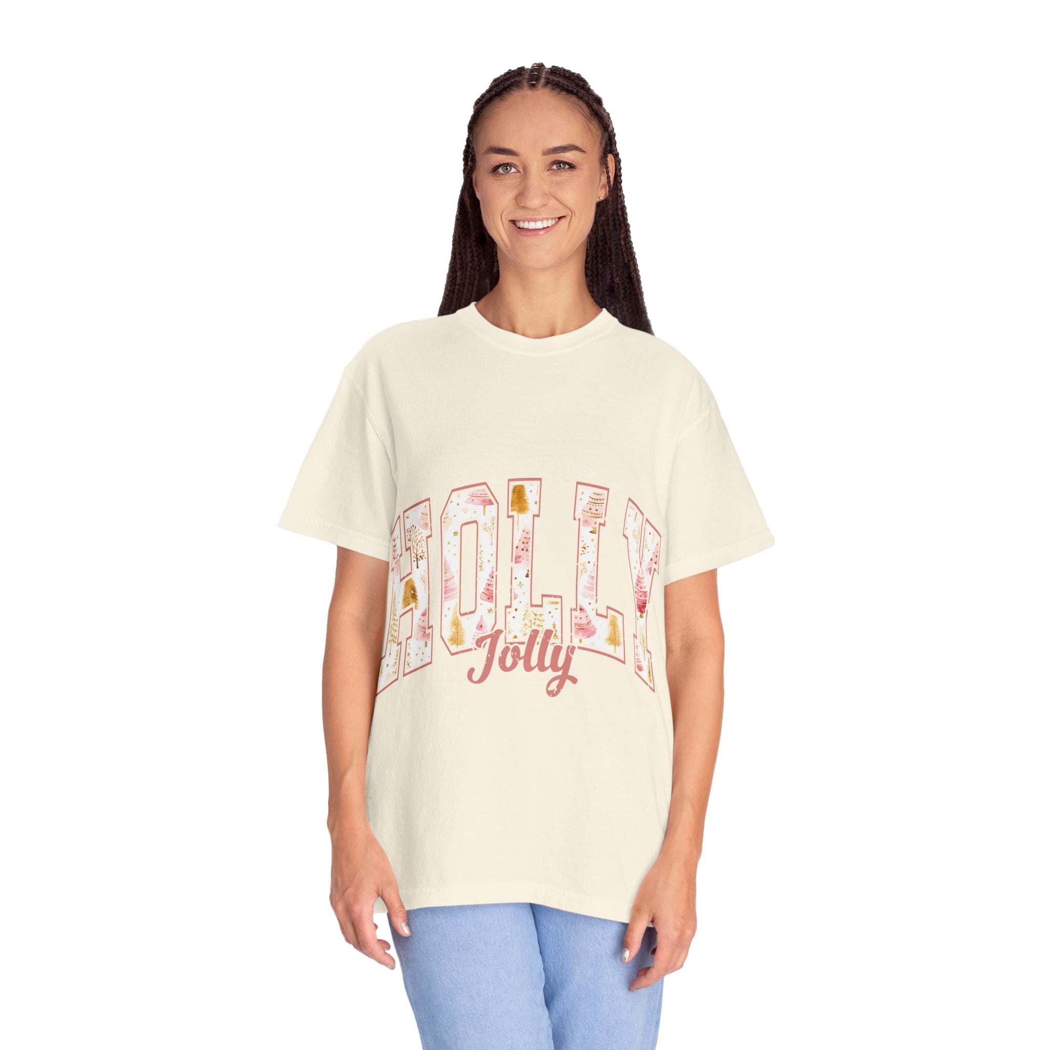 varsity holly jolly t-shirt cream unisex festive garment-dyed cotton tee