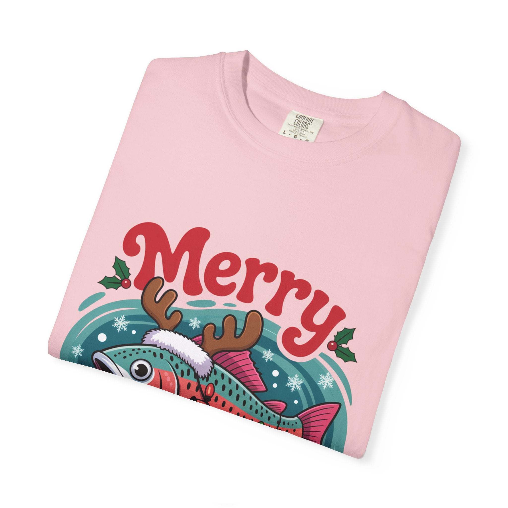 True Navy garment-dyed t-shirt featuring Merry Fishmas design for fishermen, by Printify