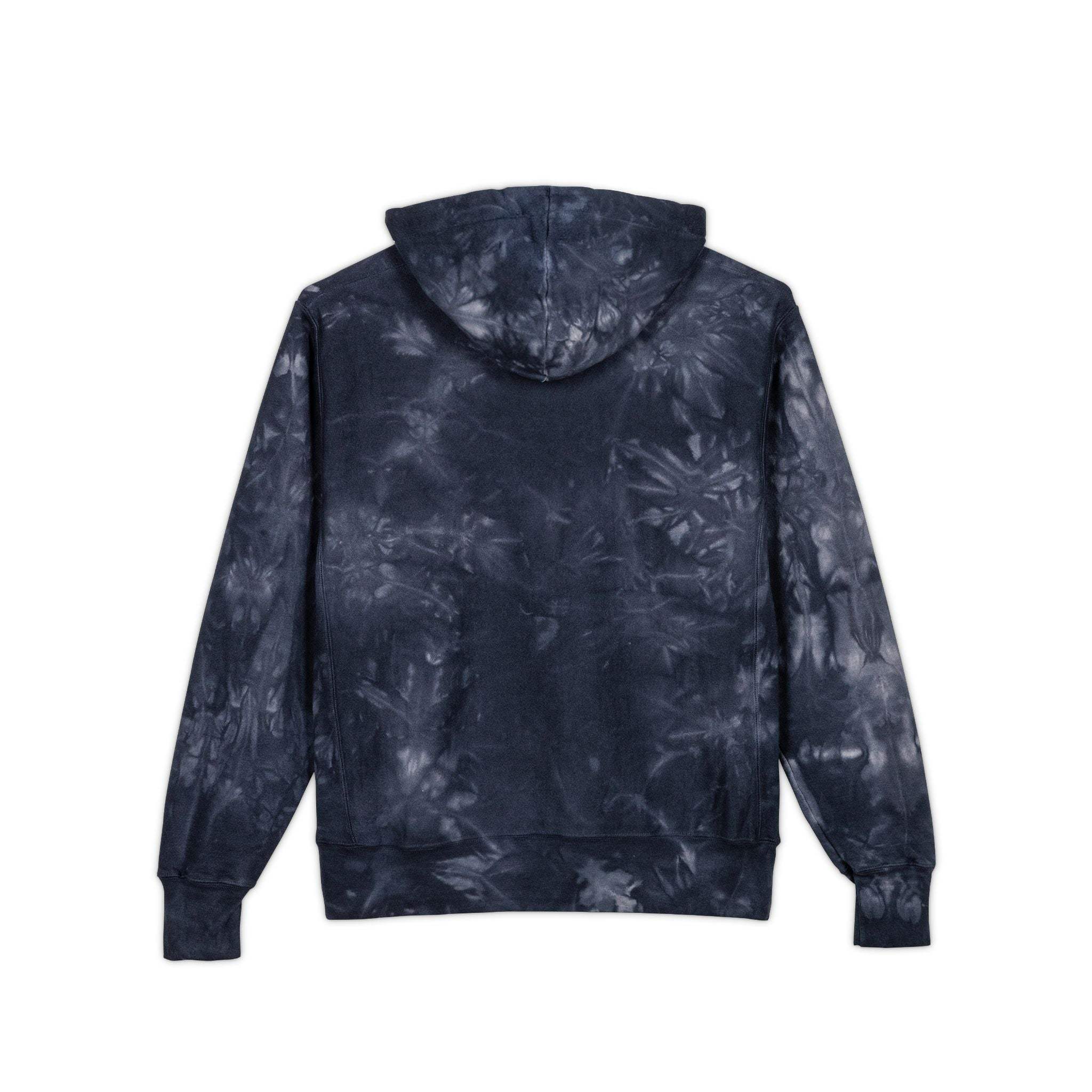 Custom embroidered tie-dye hoodie in black, featuring a unique design and casual fit by Printify