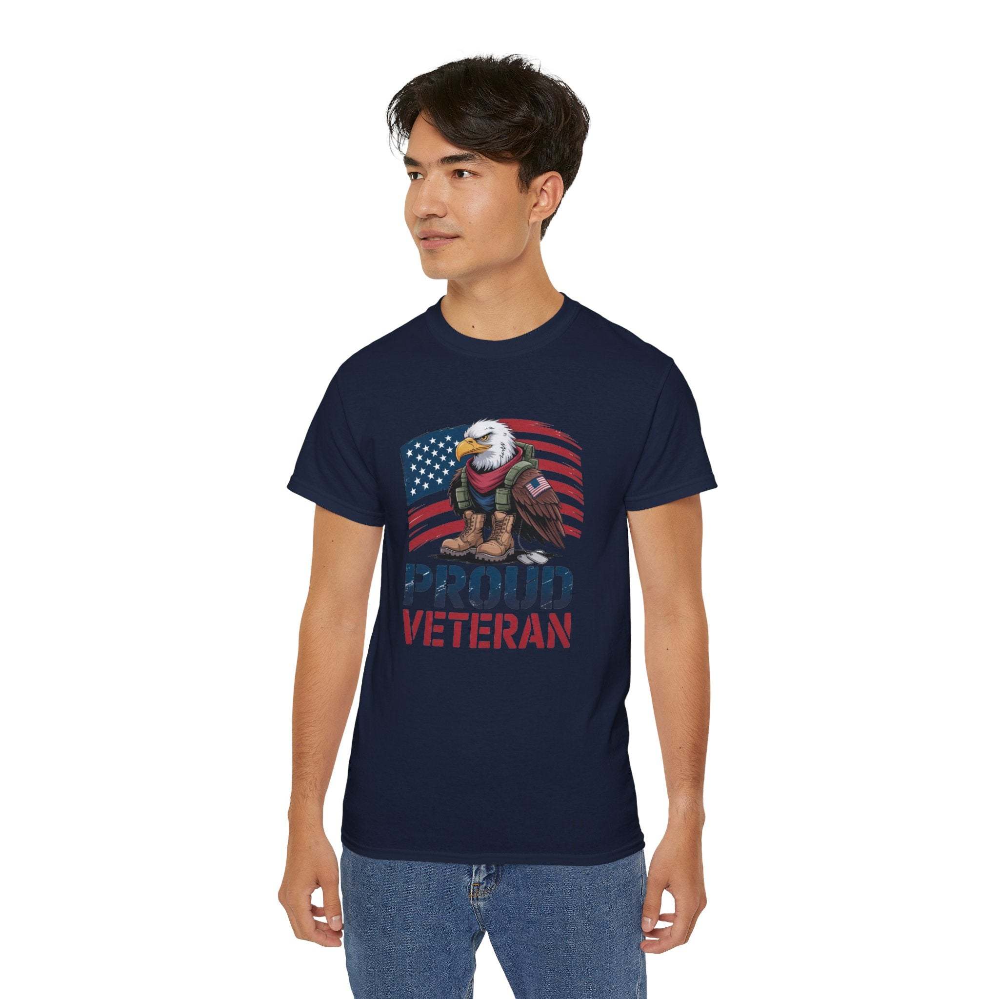 Young man wearing navy Veteran Tee Shirt with proud veteran eagle and American flag design