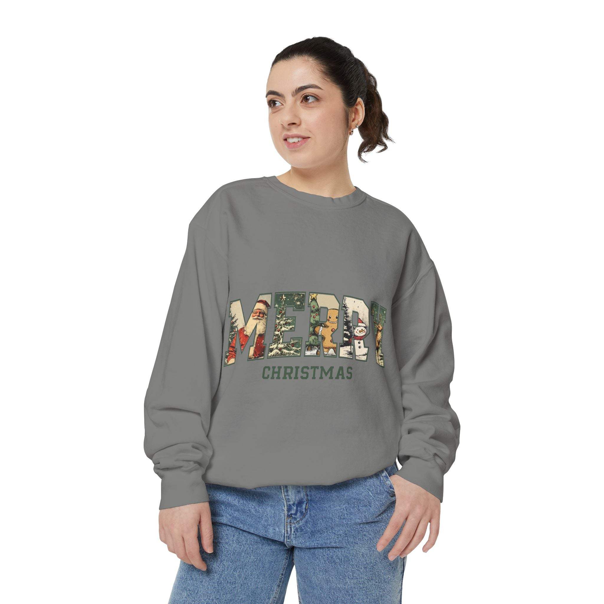 Vintage Varsity Merry Christmas sweatshirt in gray with festive lettering worn by woman