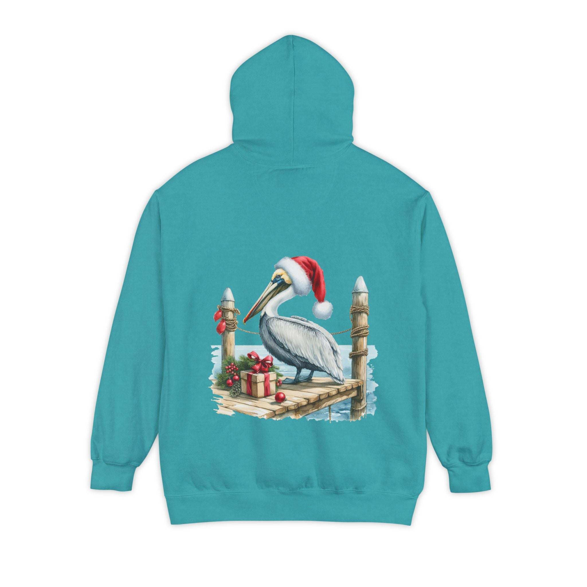 True Navy hoodie featuring a pelican in a Santa hat design by Printify