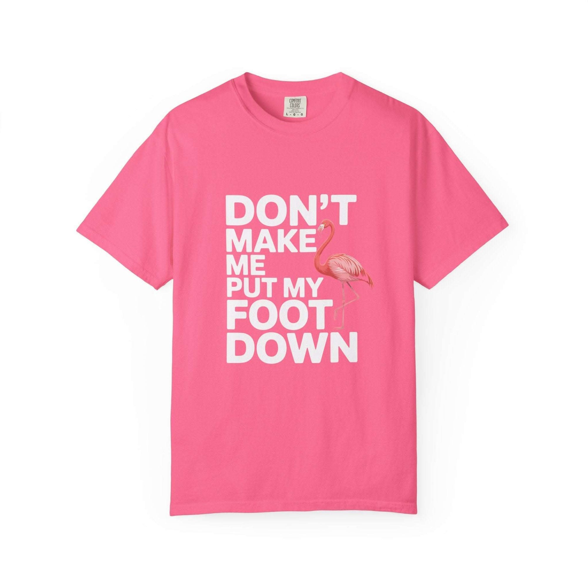 Casual Dont Make Me Put My Foot Down flamingo T-shirt with humorous bird quote and vintage look