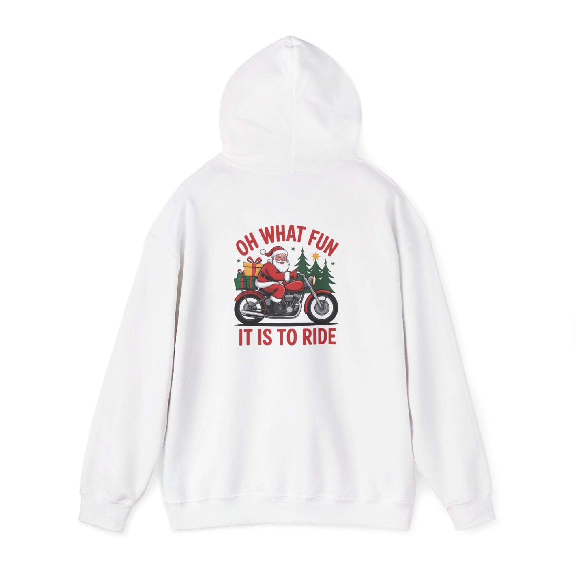 Santa motorcycle hoodie in black, featuring festive graphics, perfect for holiday celebrations and motorcycle enthusiasts.