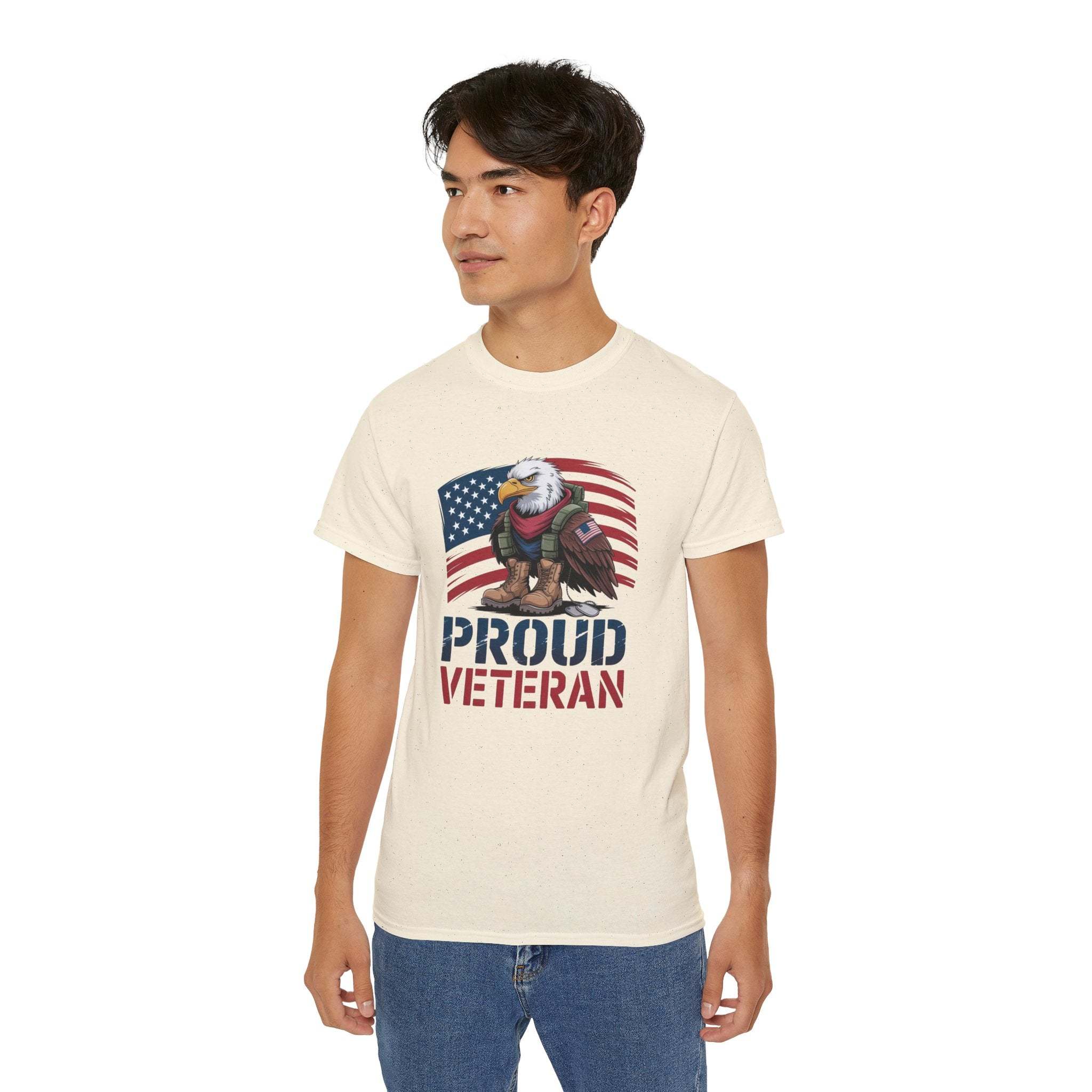 Man wearing Proud Veteran T-Shirt with eagle and American flag design Veteran Tee Shirt