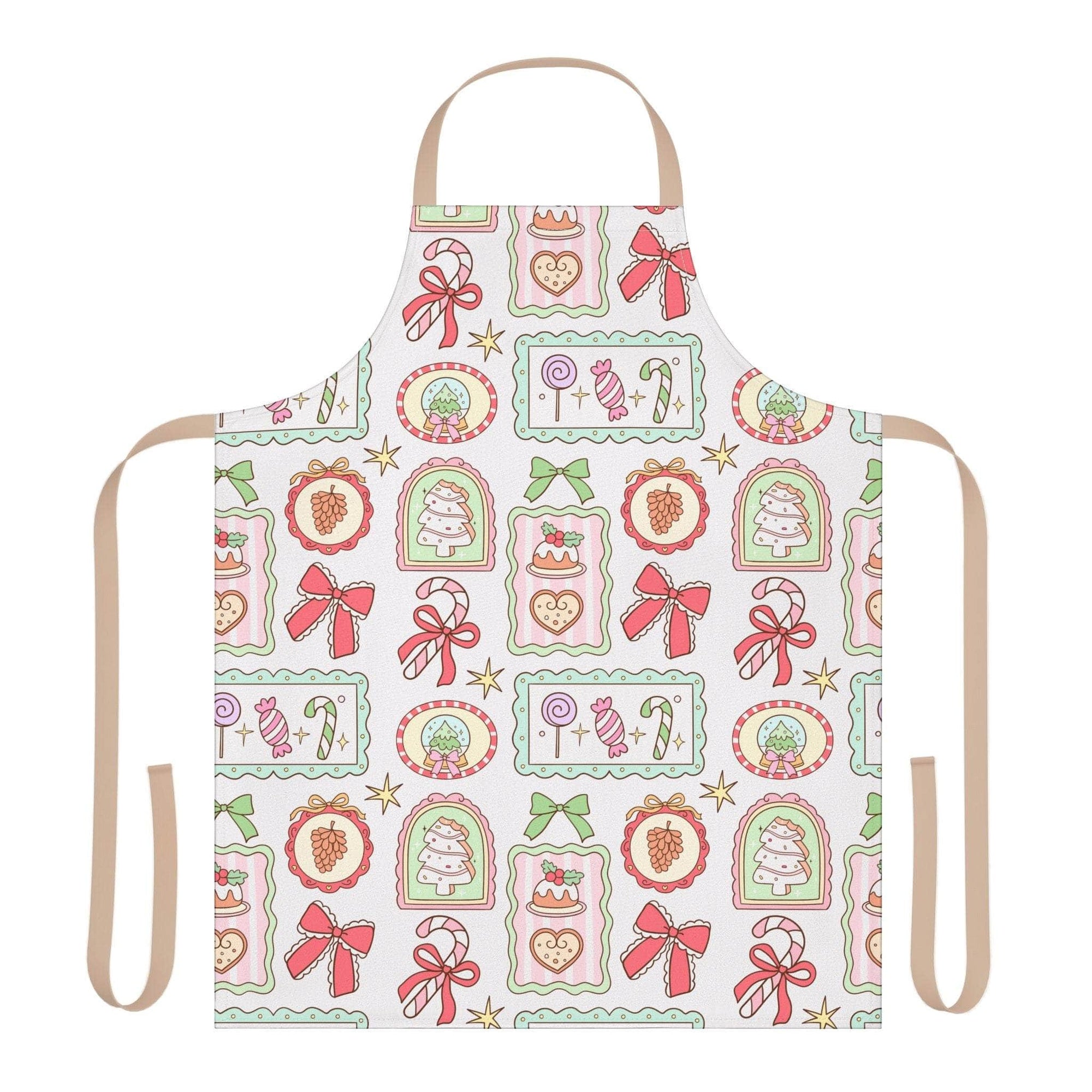 Retro Christmas Frames apron with festive bows and holiday motifs in pastel colors