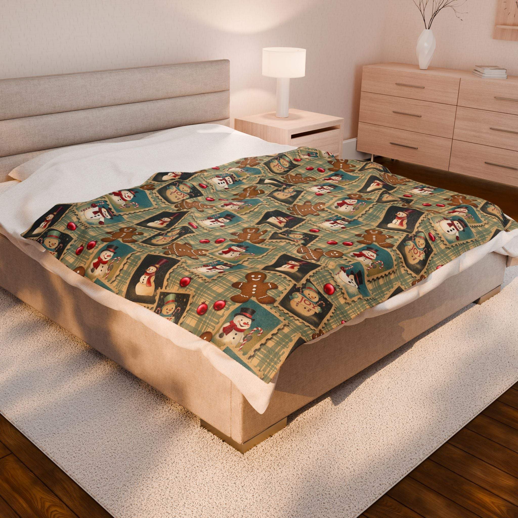 Plush blanket with retro Christmas watercolor design featuring festive holiday characters on a bed in a cozy bedroom
