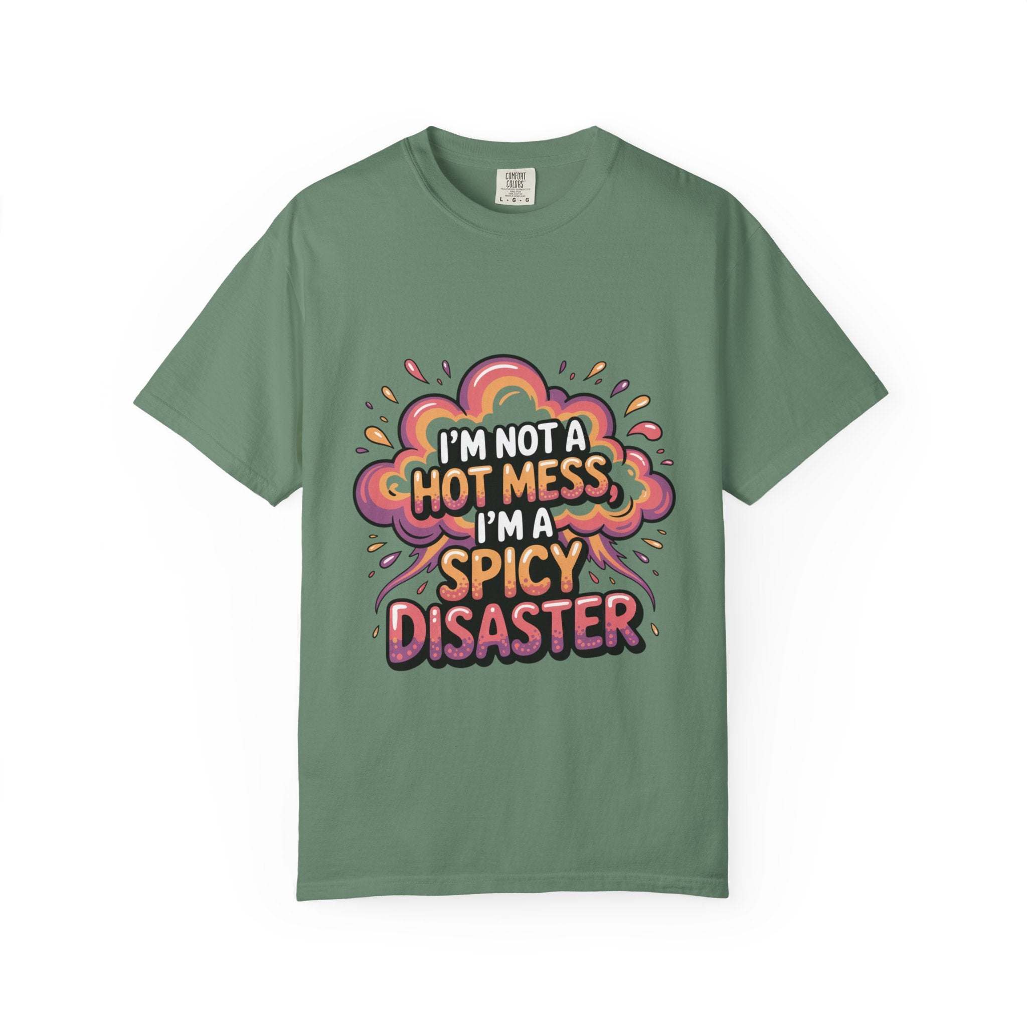 White unisex garment-dyed t-shirt featuring 'Spicy Disaster' graphic design by Printify