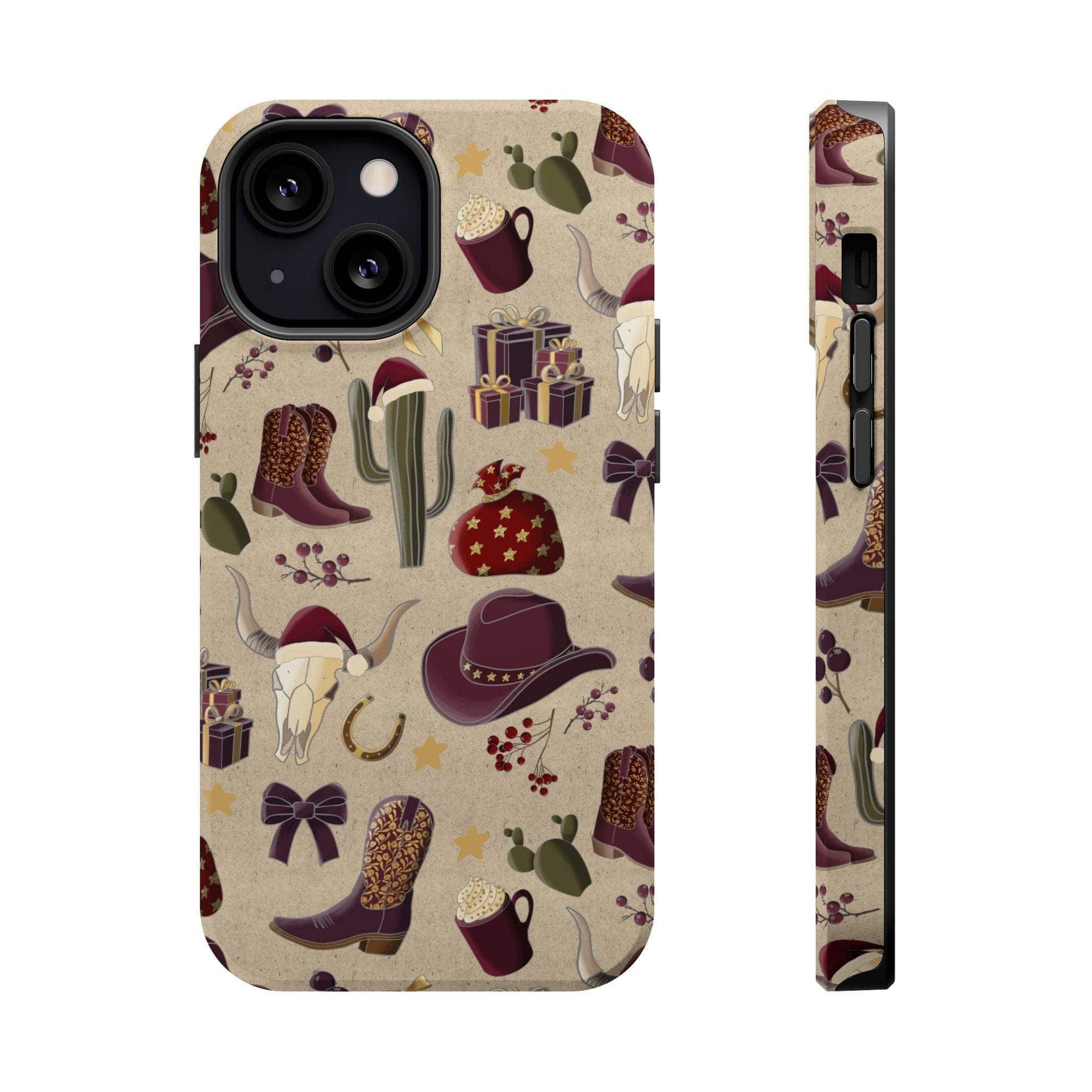 Cowboy Christmas design phone case for iPhone 17 in glossy finish by Printify, featuring festive colors and patterns.