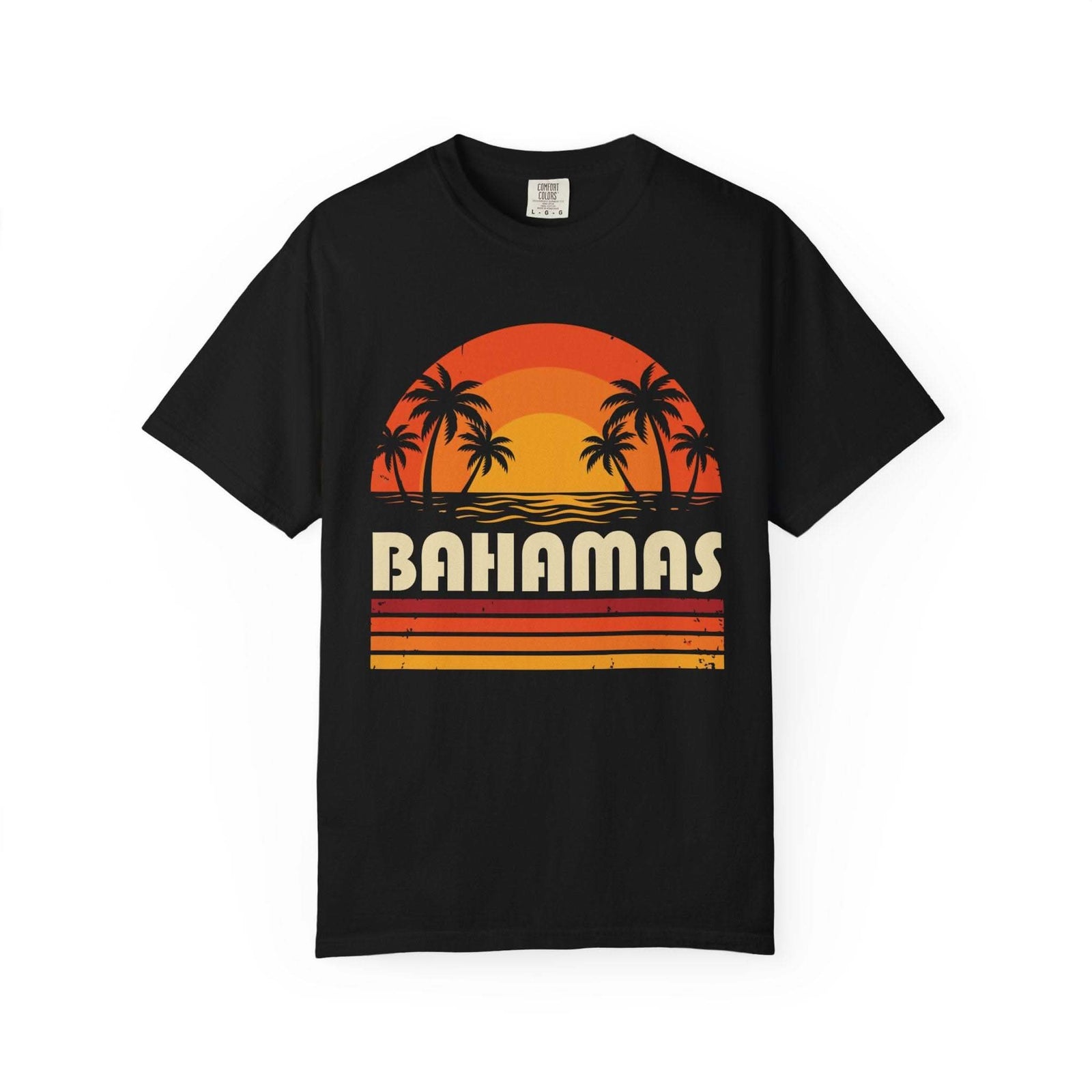 Bahamas Retro Sunset T-shirt with palm trees and vintage sunset stripes on chest