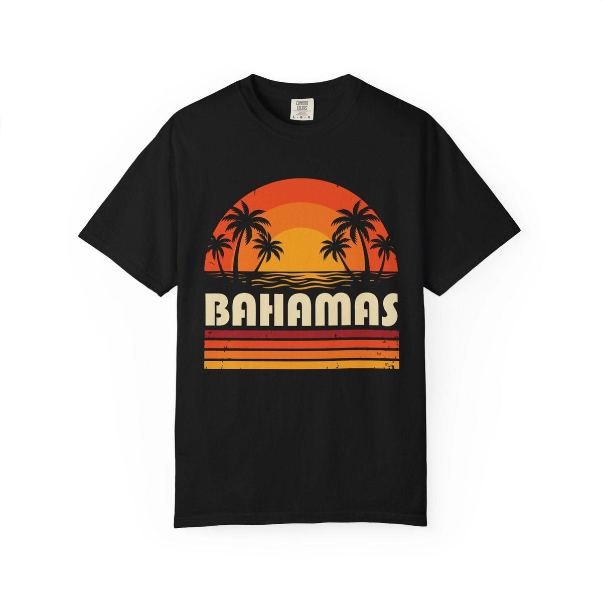 Bahamas Retro Sunset T-shirt with palm trees and vintage sunset stripes on chest