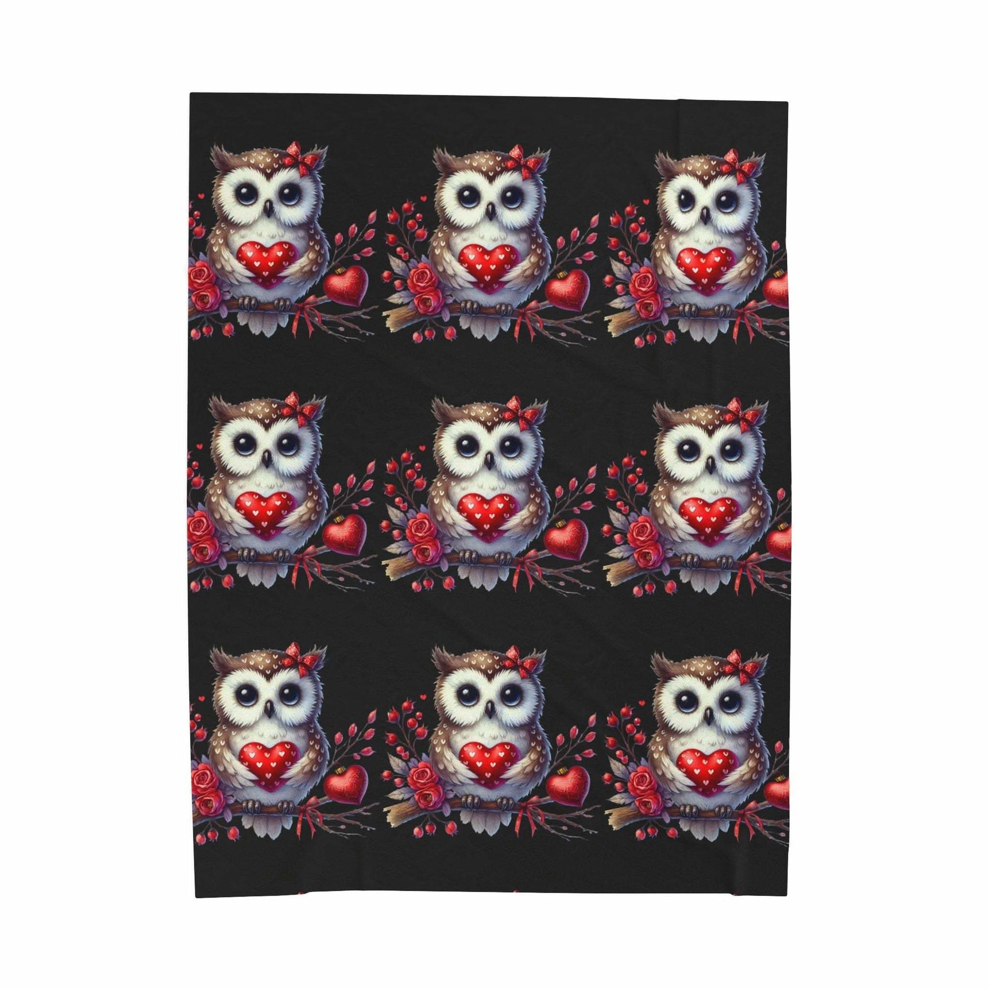 Floral Valentine Owl plush velveteen blanket with heart and blossoms design