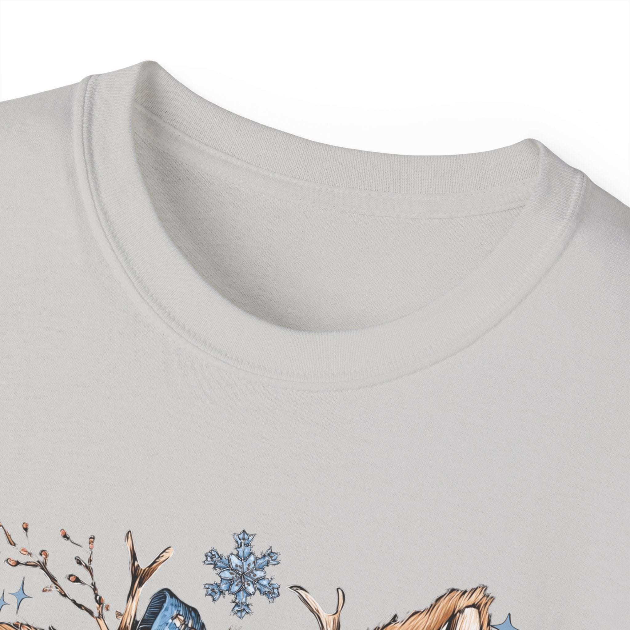 Close-up of Retro Patchwork Reindeer design on festive white t-shirt neckline
