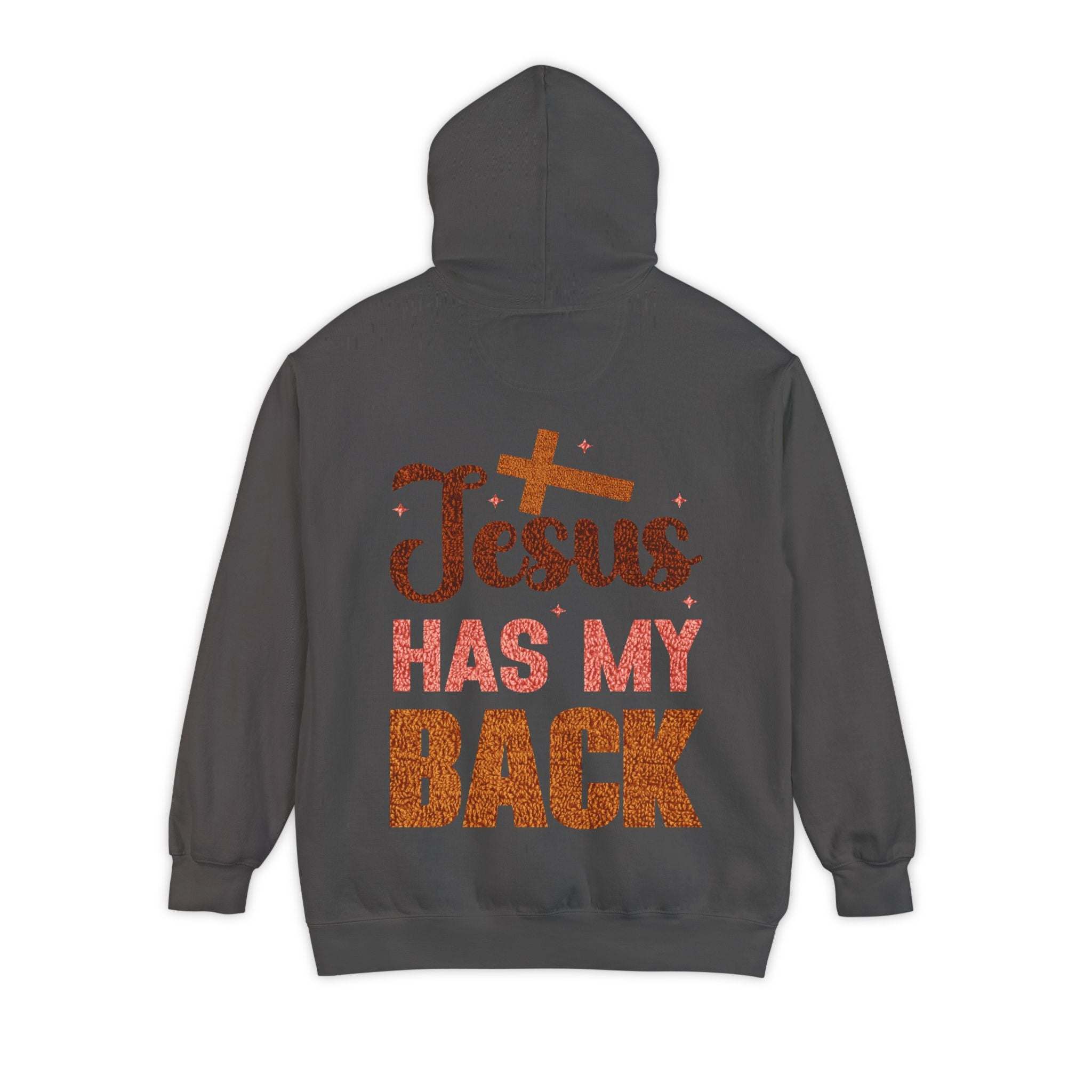 Jesus Has My Back Hoodie soft pullover with faith-based design across shoulders