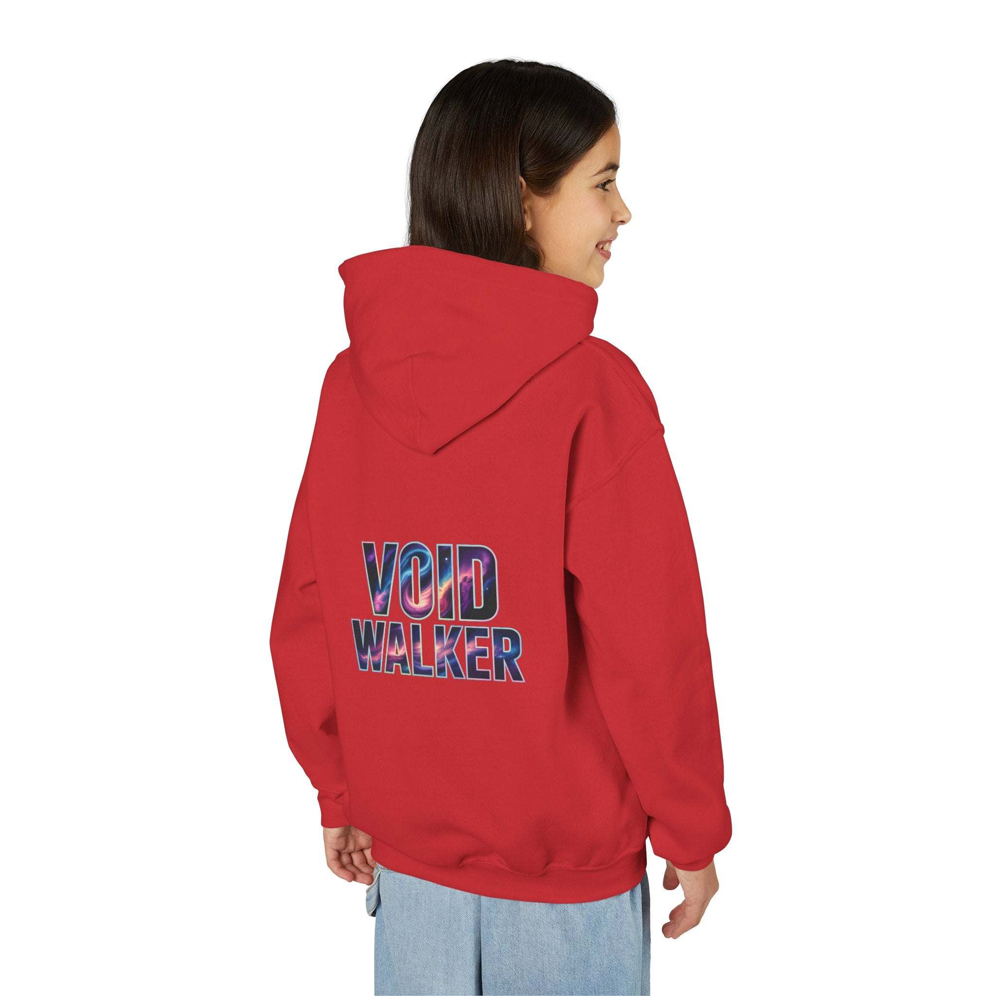 Child wearing red Galaxy Hoodie with Void Walker galaxy print on back
