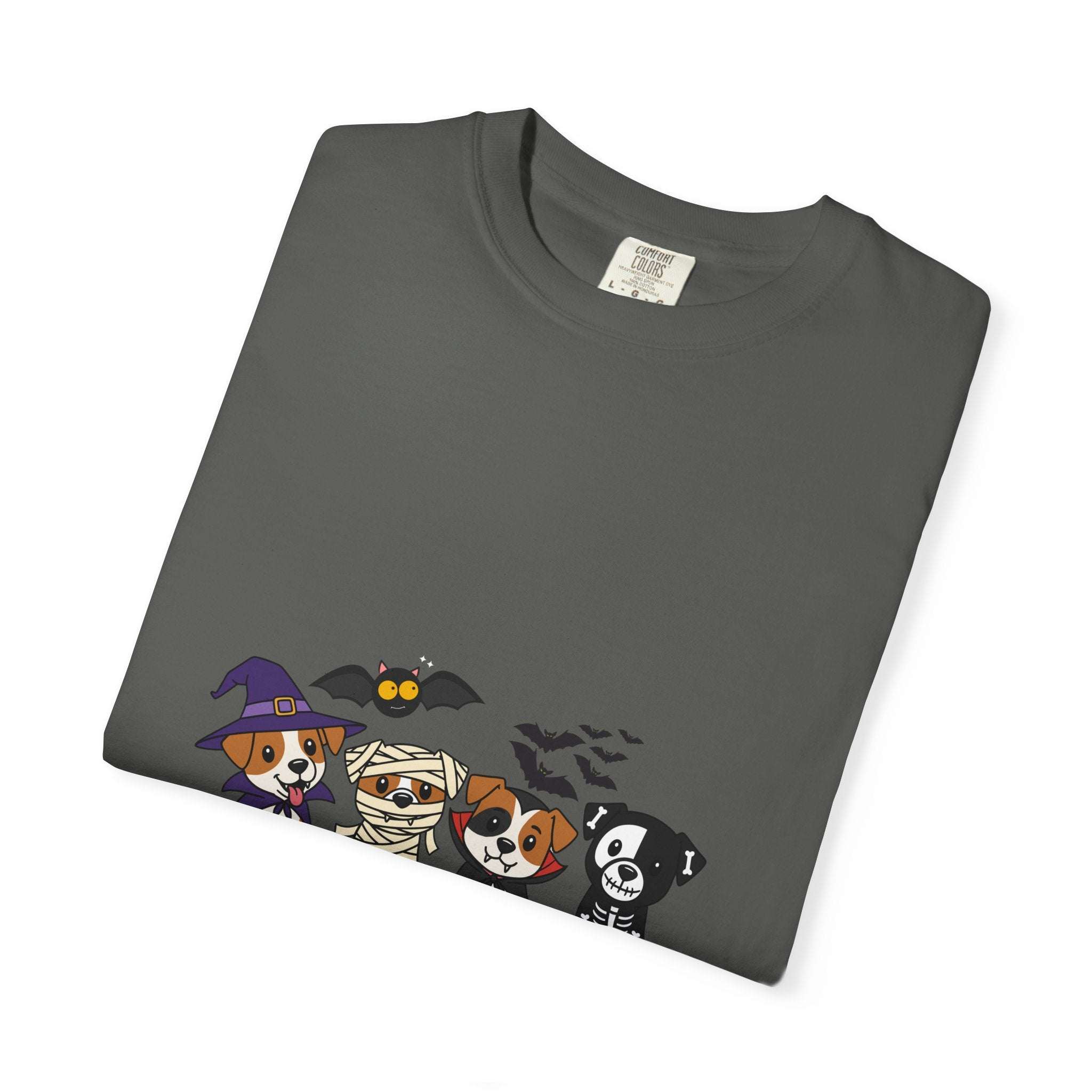 Gray Puppies Halloween T-shirt with cartoon puppies in Halloween costumes on front