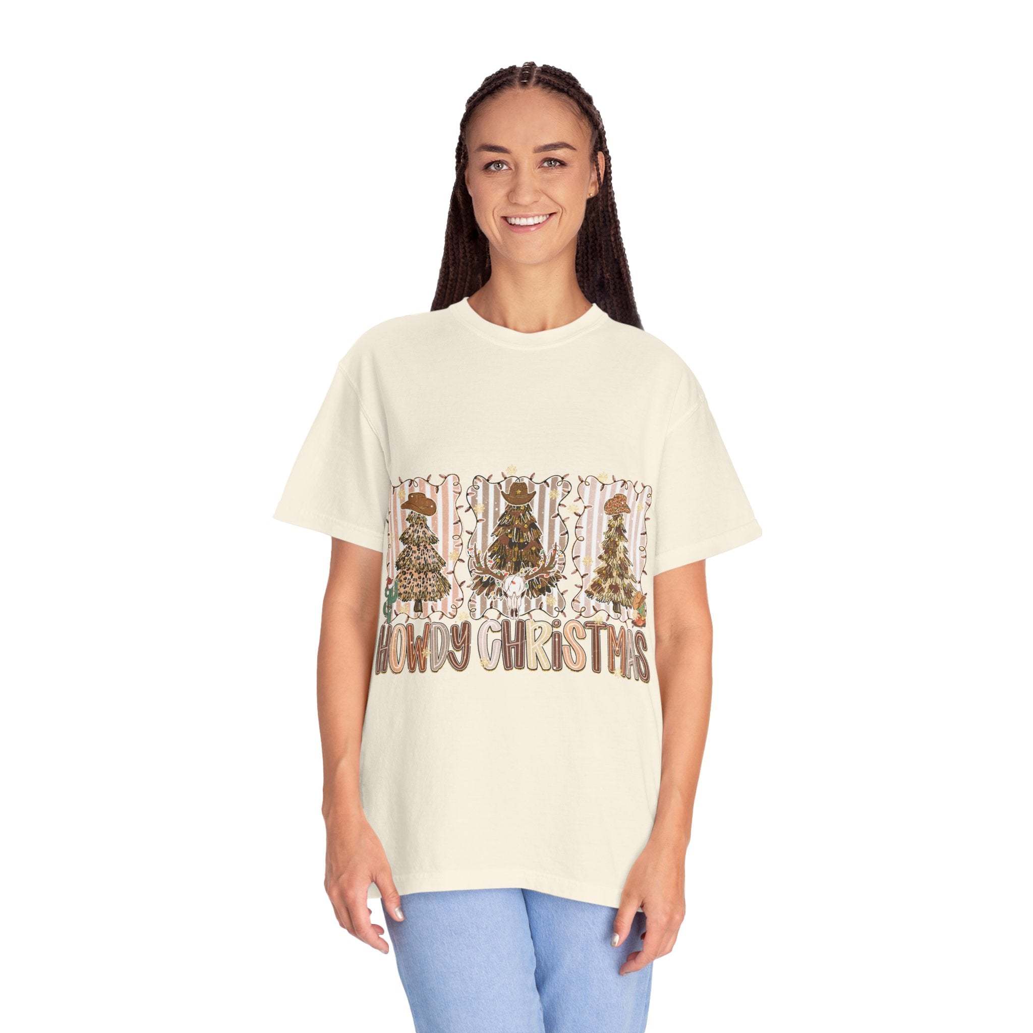 Young woman wearing Cowboy Howdy Christmas t-shirt with festive tree design in holiday style
