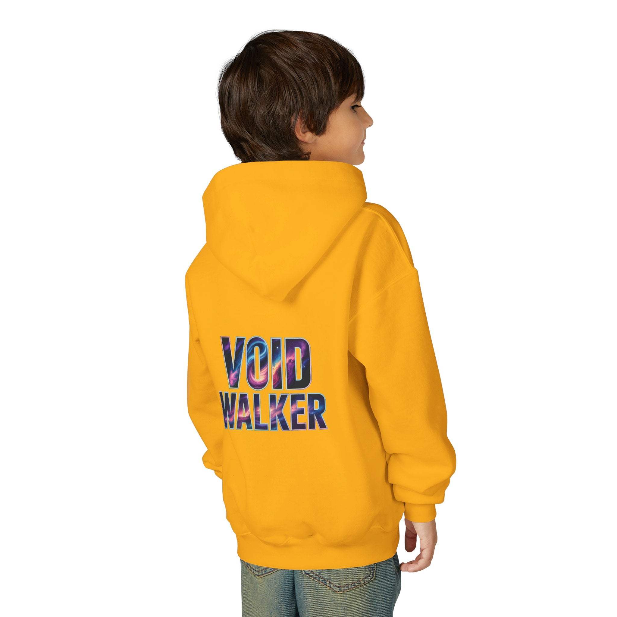 Child wearing yellow galaxy hoodie with "Void Walker" cosmic print on back