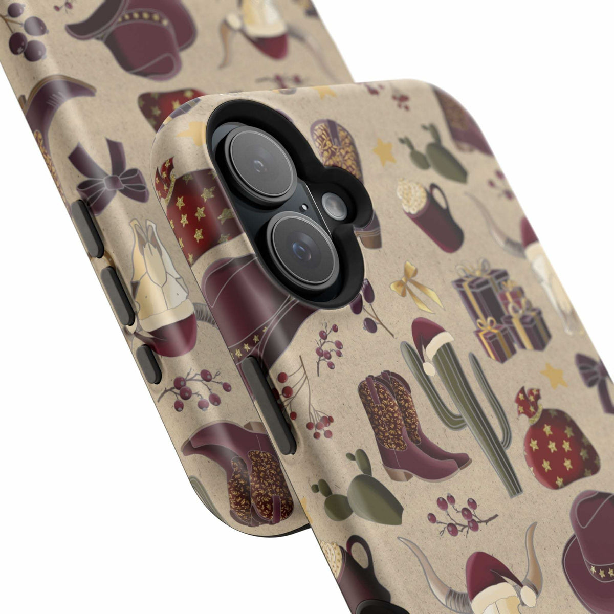 Cowboy Christmas design phone case for iPhone 17 in glossy finish by Printify, featuring festive colors and patterns.