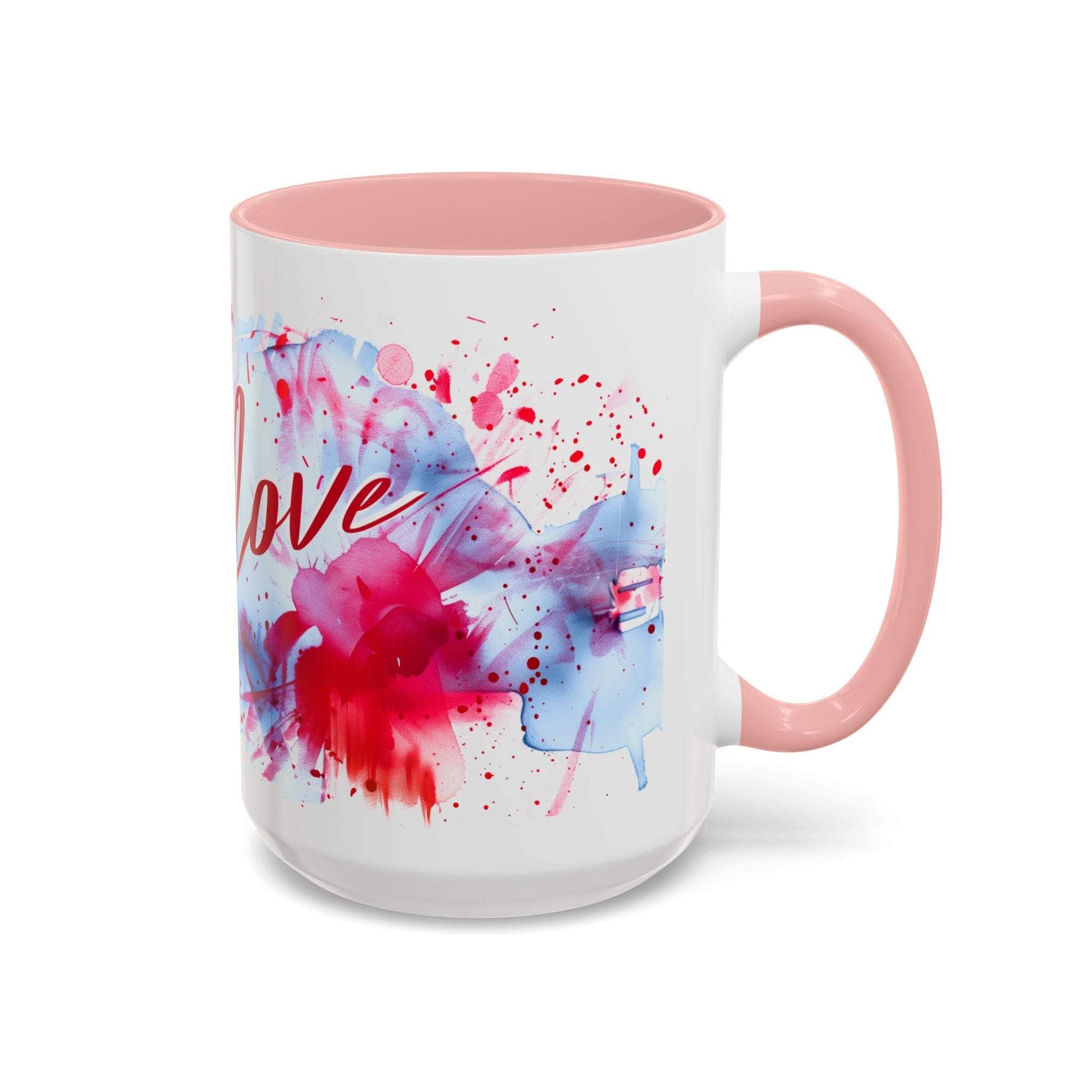 Valentines Floral Love Accent Coffee Mug with pink handle and interior, featuring romantic heart and floral watercolor design.