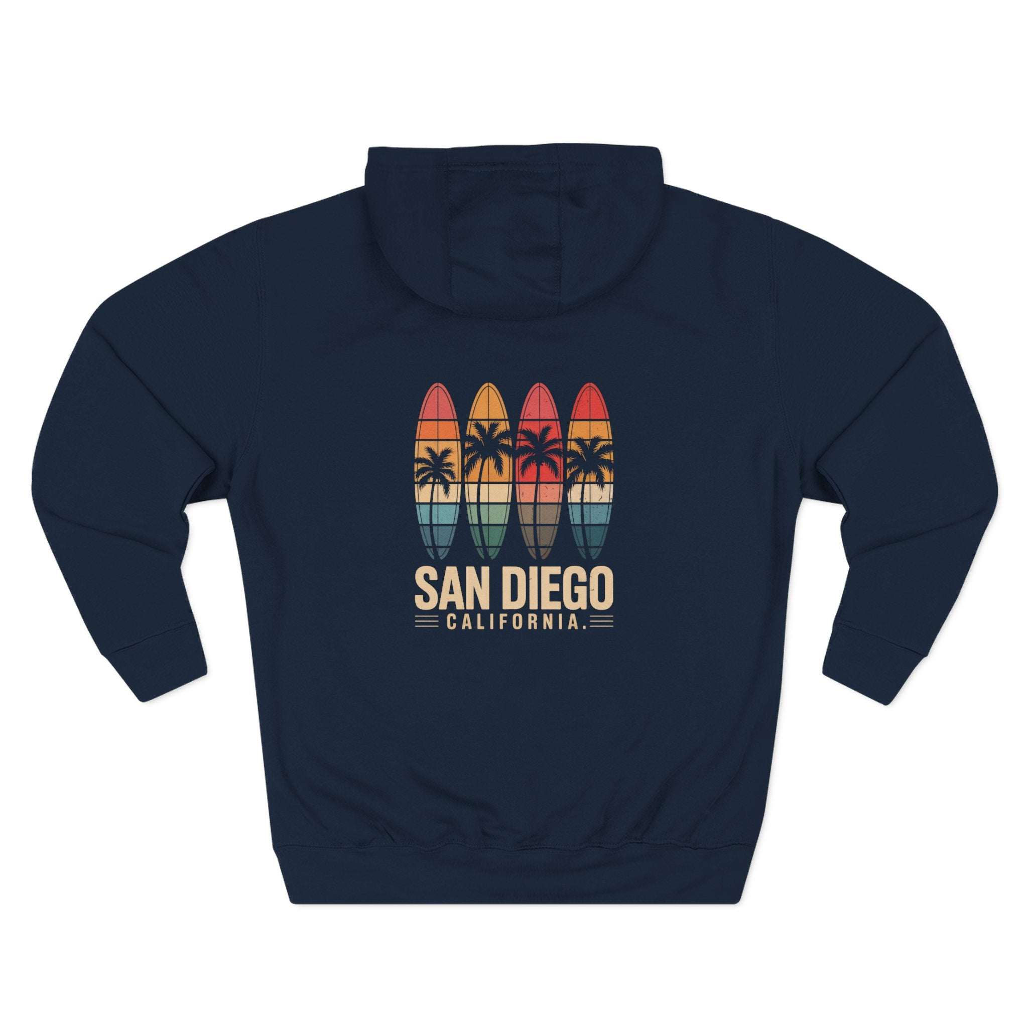 Retro San Diego surfboard graphic navy fleece hoodie with adjustable hood and kangaroo pocket