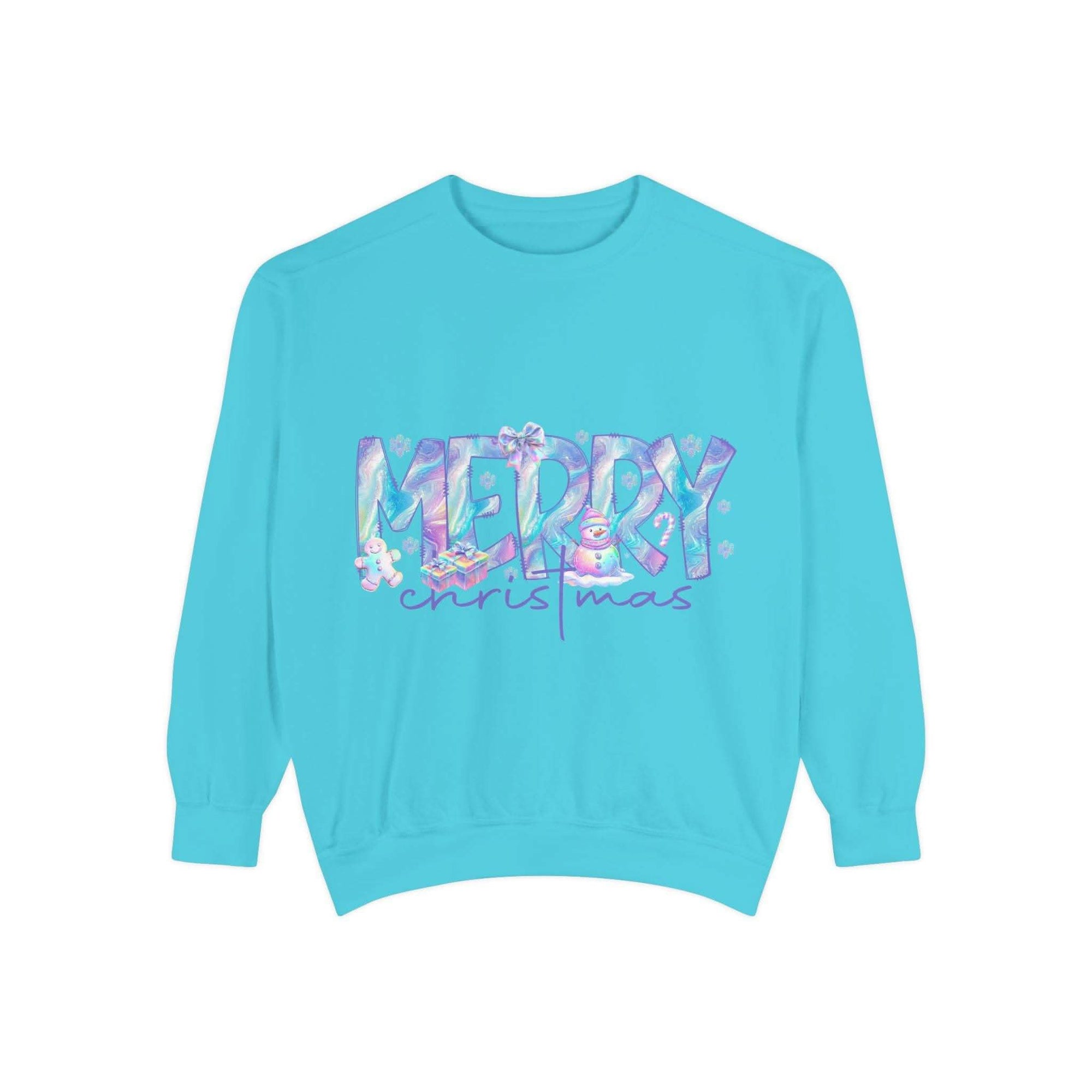 Blue unisex sweatshirt with iridescent Merry Christmas design and relaxed fit