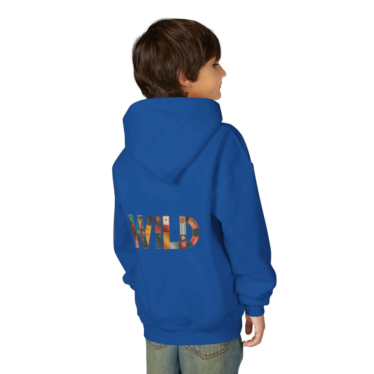 Child wearing blue Patchwork Wild Word Hoodie with colorful "WILD" text on the back and kangaroo pocket