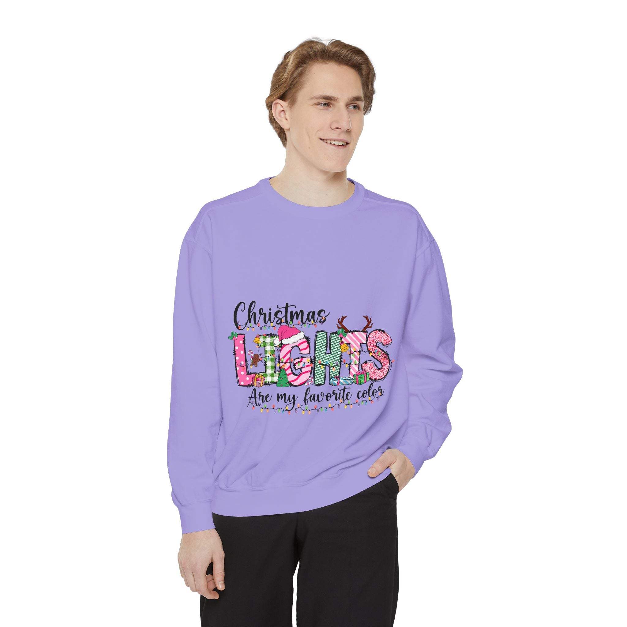 White garment-dyed sweatshirt featuring festive Christmas lights design by Printify
