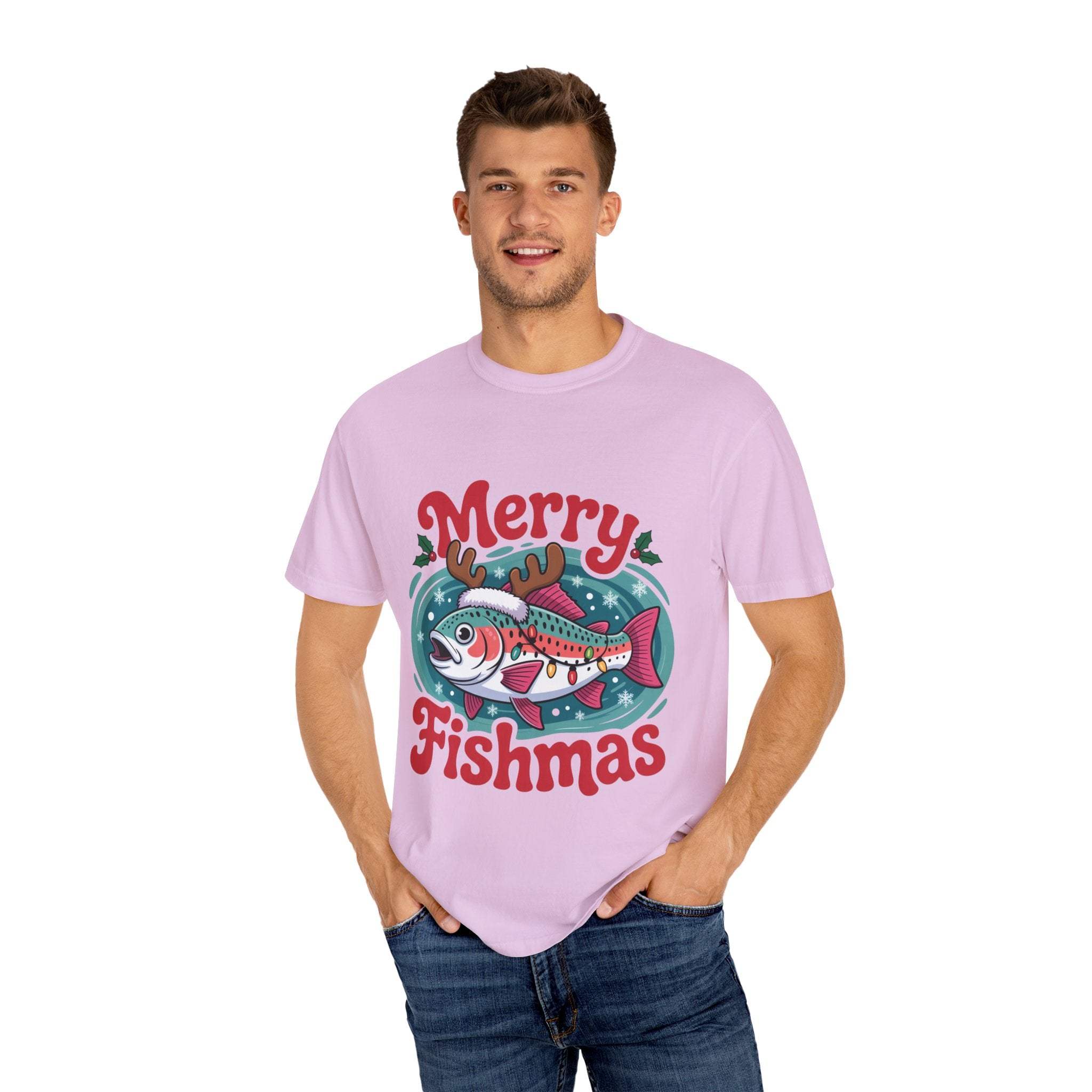 True Navy garment-dyed t-shirt featuring Merry Fishmas design for fishermen, by Printify