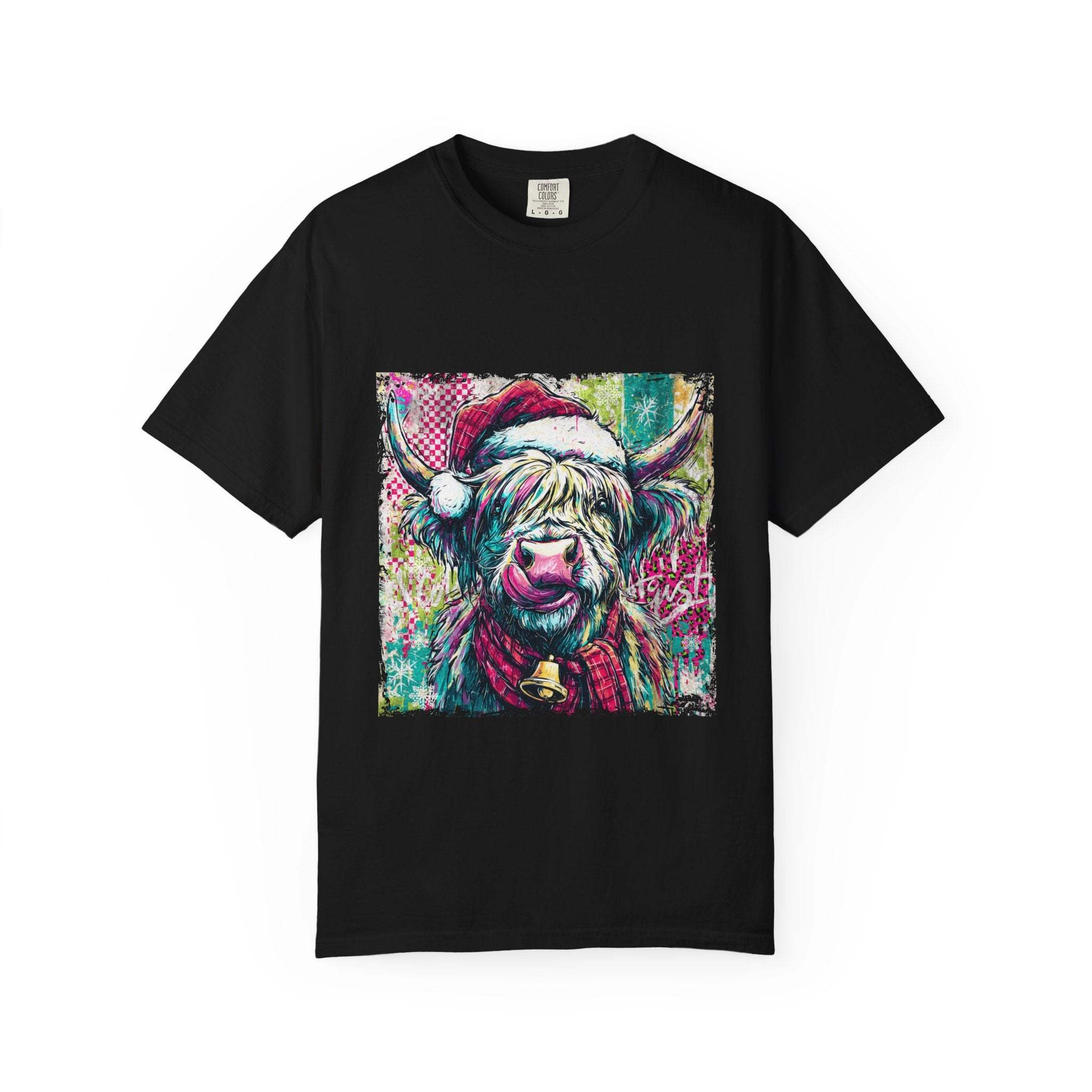 Black Retro Santa Highland Cow T-shirt with colorful festive design on front in relaxed cotton fit
