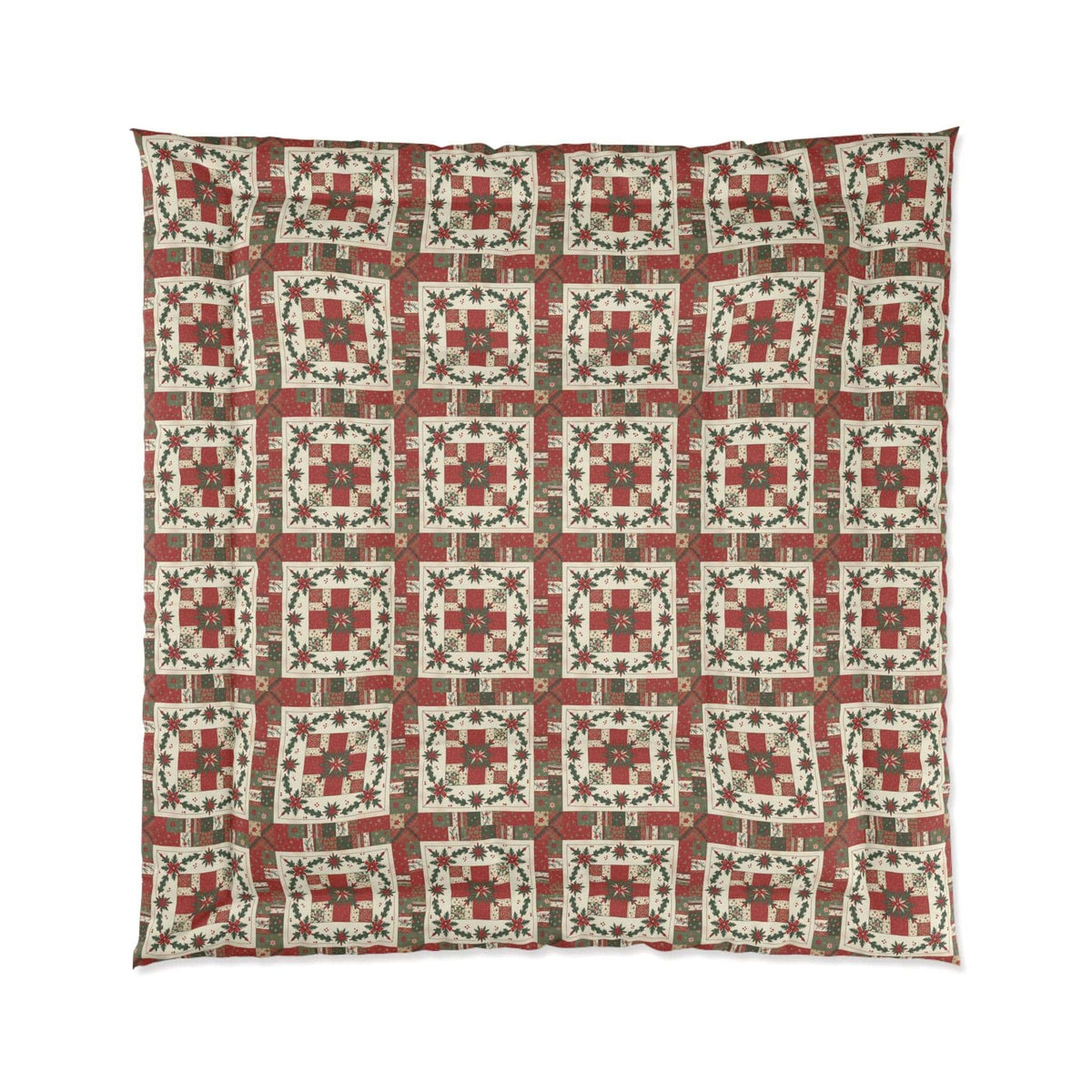 Rustic Patchwork Christmas Comforter with worn plaids and leather tones on cozy holiday bedding