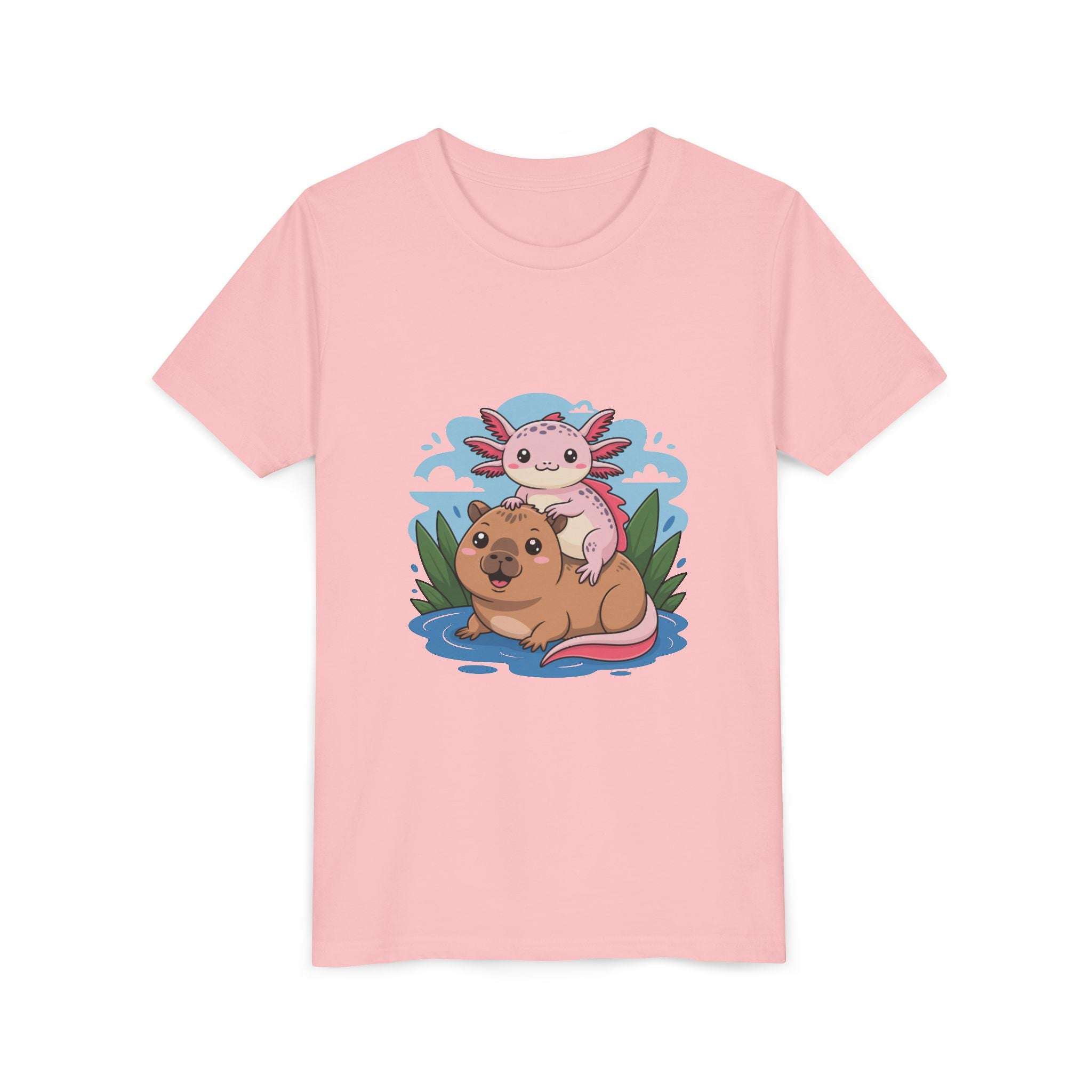 Breathable navy cotton youth tee featuring axolotl on a capybara design by Printify