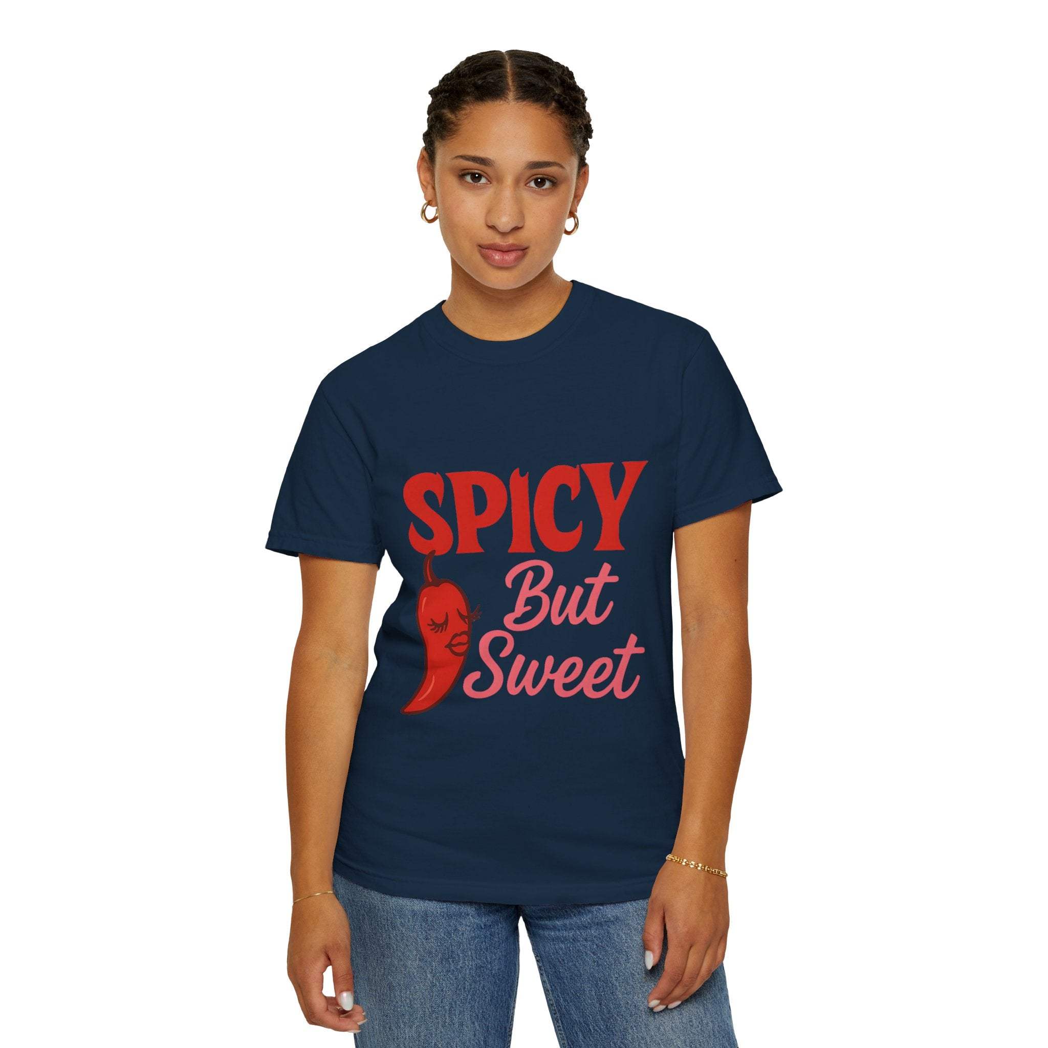 Spicy But Sweet T-shirt with chili graphic, unisex navy blue garment-dyed cotton tee
