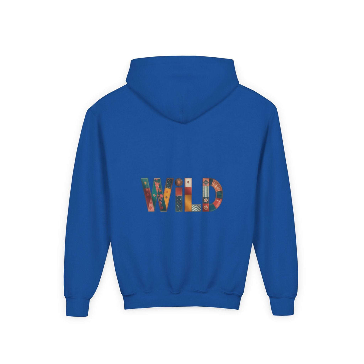 Blue Patchwork Wild Word Hoodie with colorful embroidered "WILD" text on back and kangaroo pocket for kids