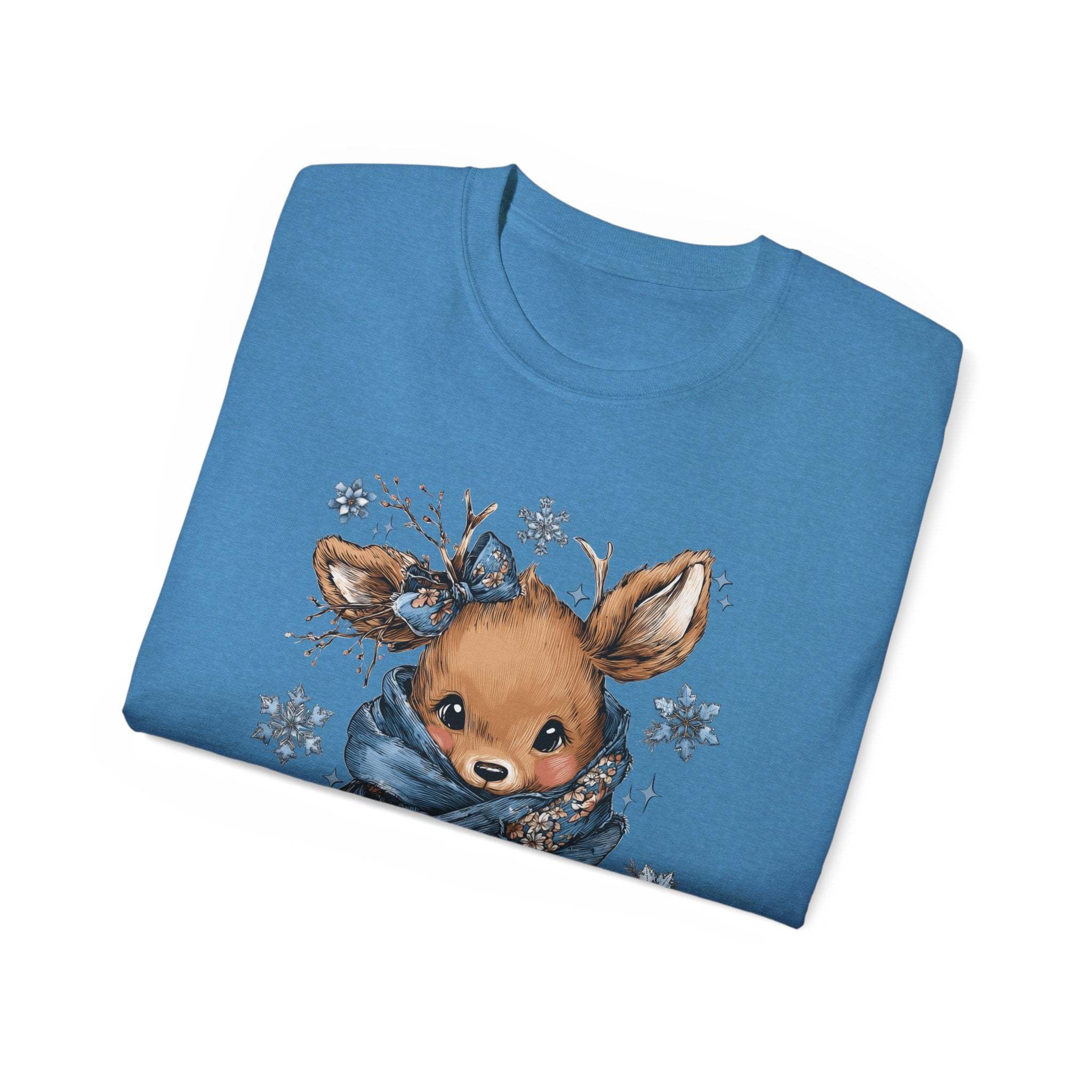 Blue Retro Patchwork Reindeer T-shirt with cute reindeer face and winter scarf design