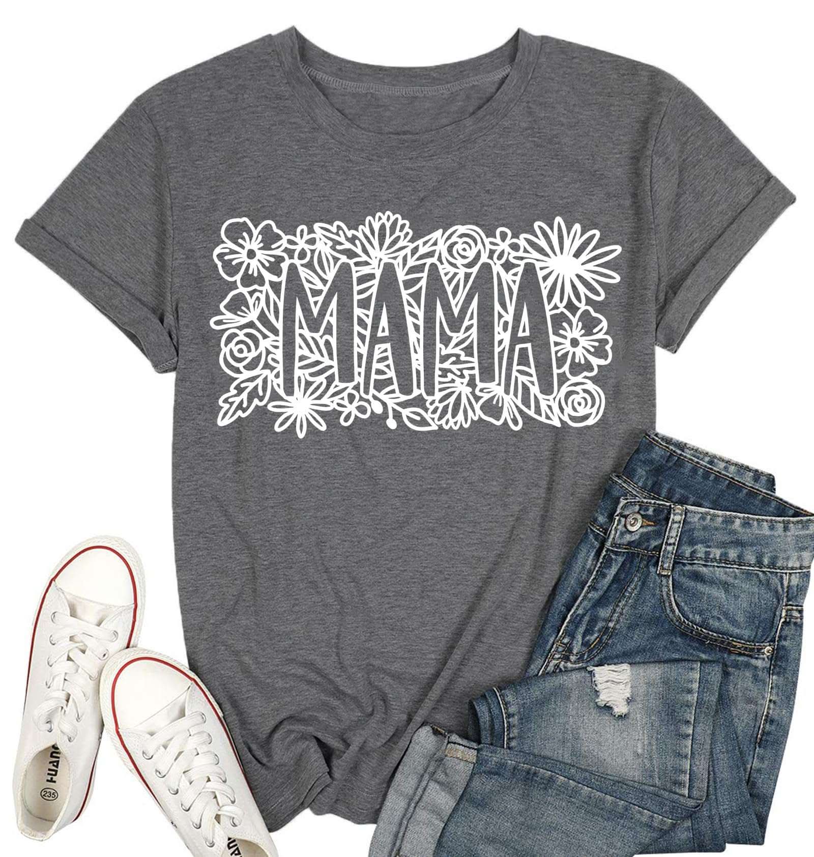 Woman wearing a comfortable, stylish Mama Floral Shirt with elegant floral patterns