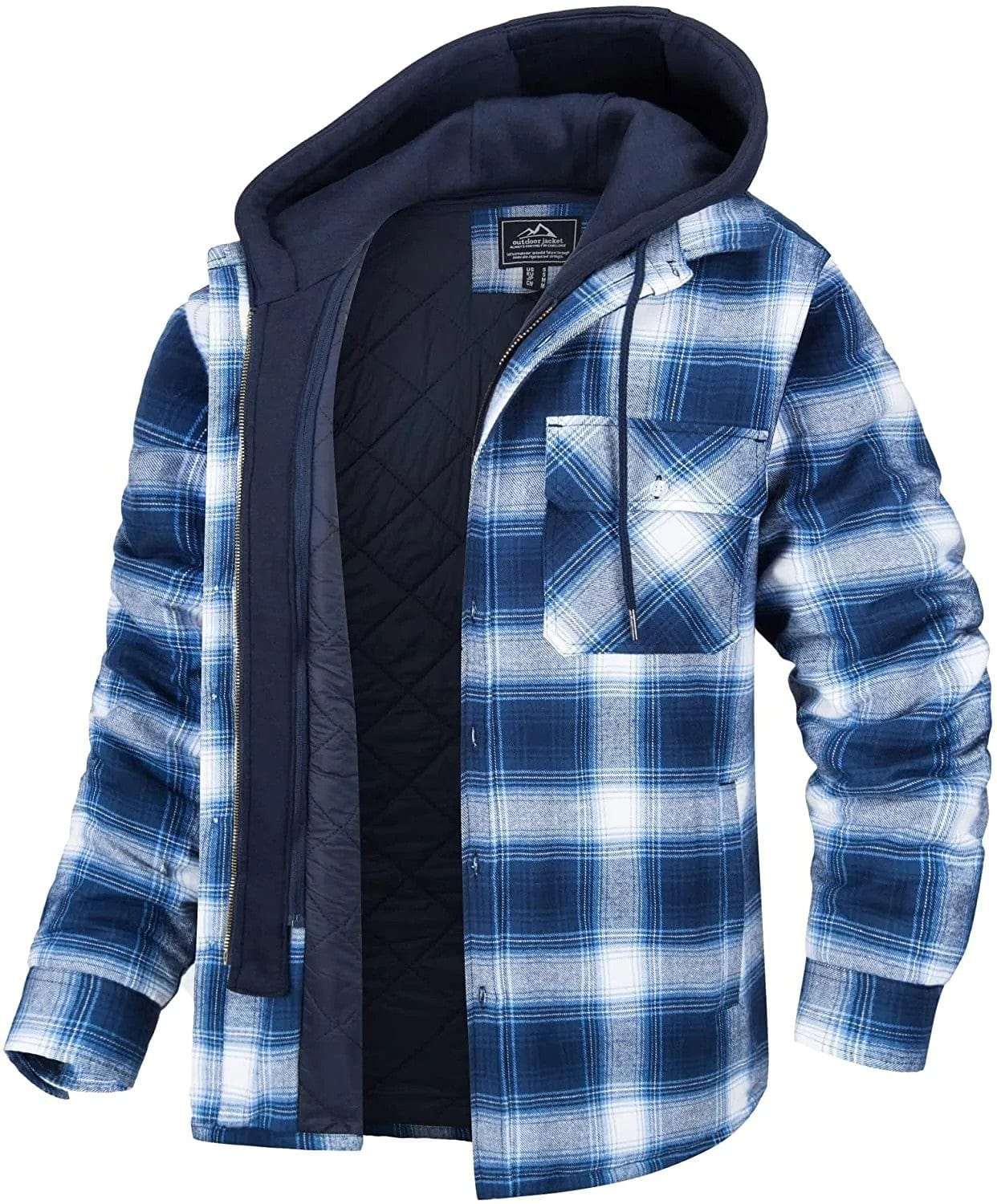 Men's plaid hooded coat with button zip-up closure and thick padded lining for winter warmth