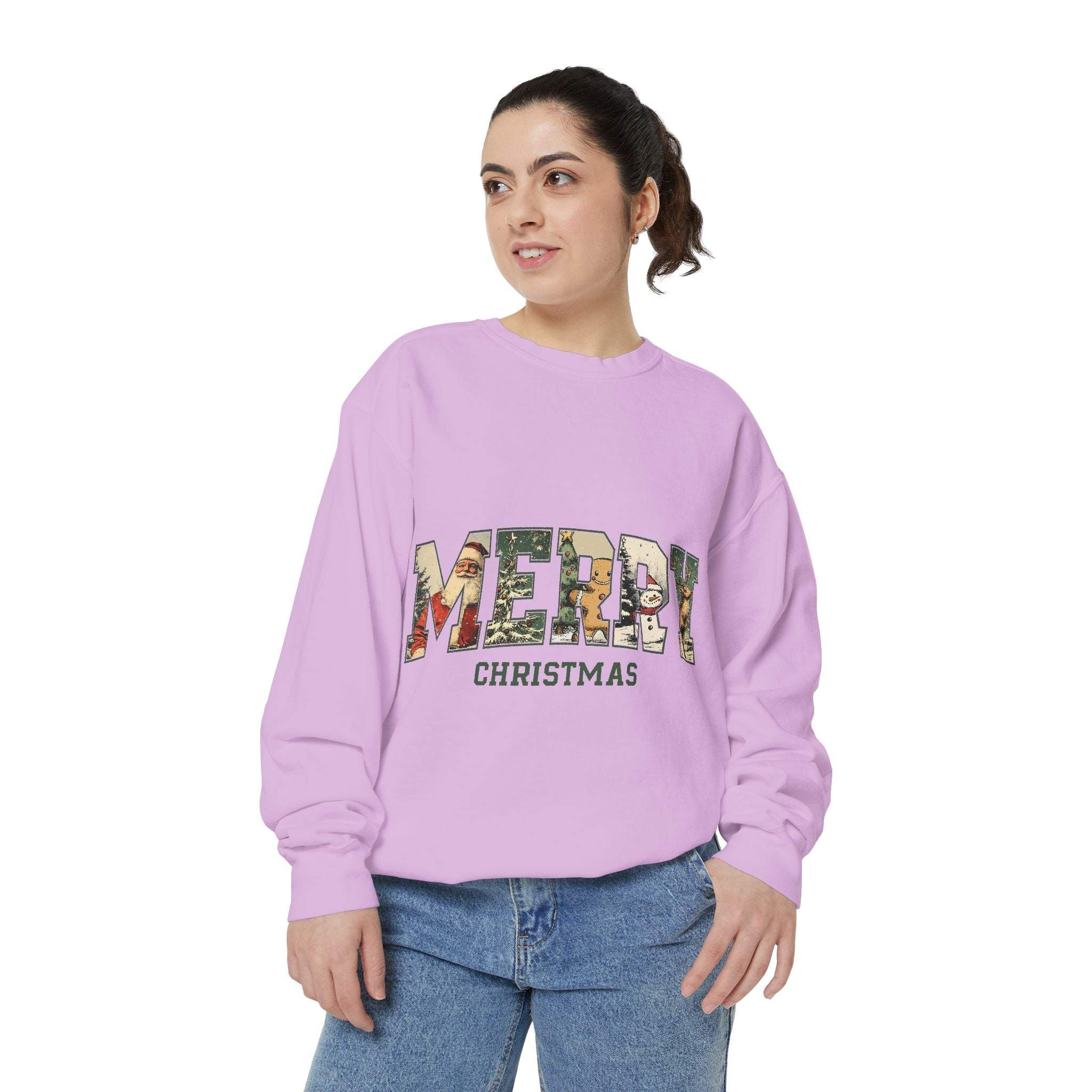 Woman wearing vintage varsity Merry Christmas sweatshirt in light purple with festive graphic design