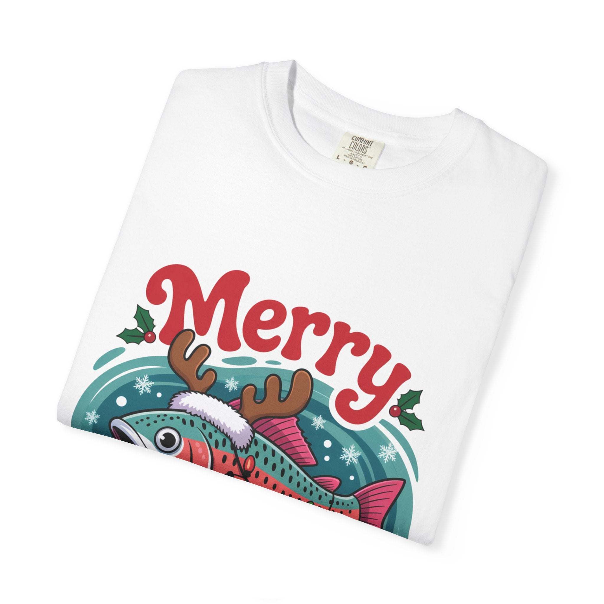True Navy garment-dyed t-shirt featuring Merry Fishmas design for fishermen, by Printify