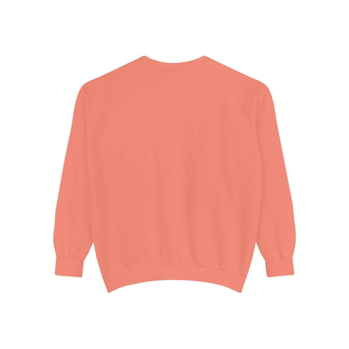 Back view of vintage Christmas nutcracker sweatshirt in coral color with ribbed cuffs and hem