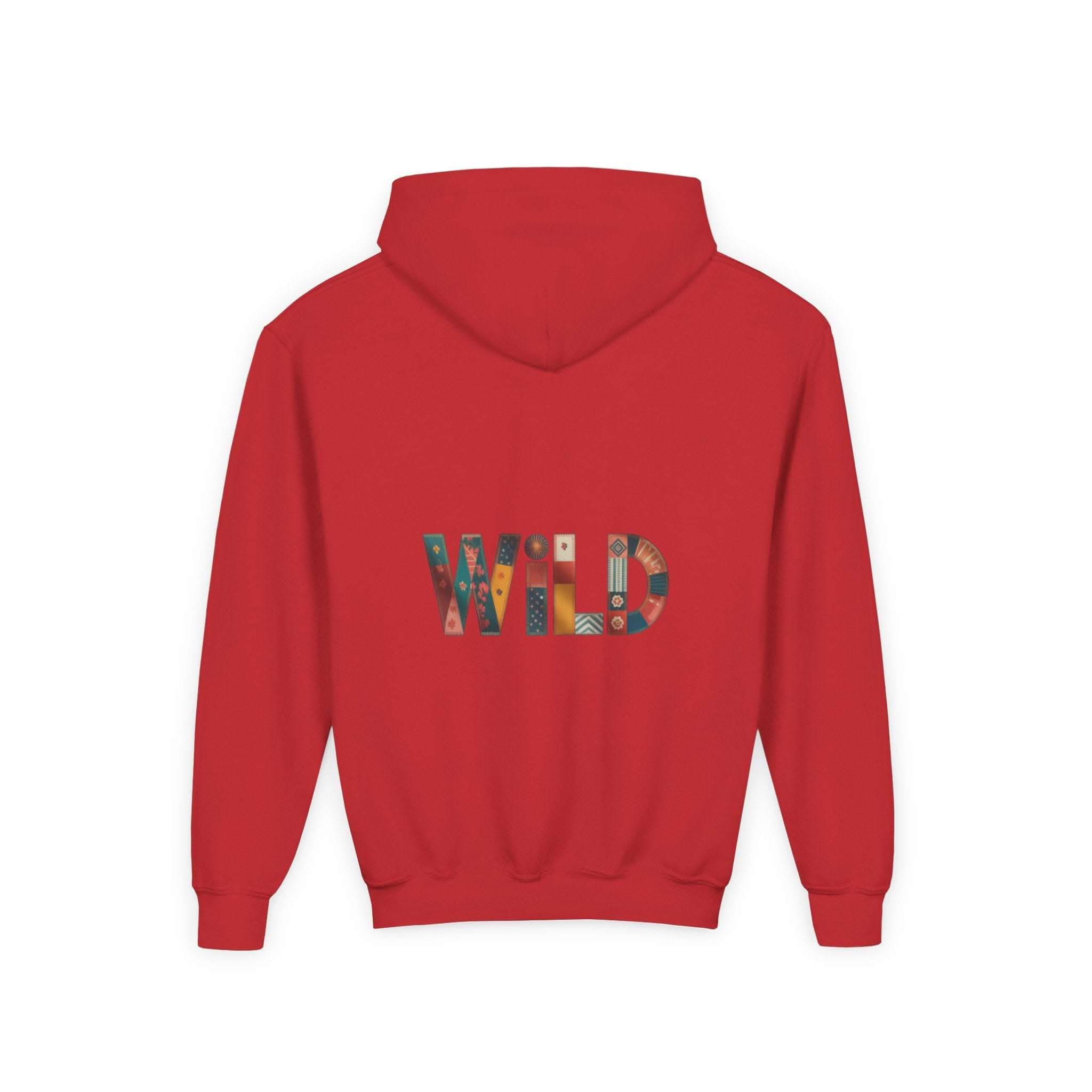 Red Patchwork Wild Word Hoodie with colorful embroidered "WILD" text on back and kangaroo pocket