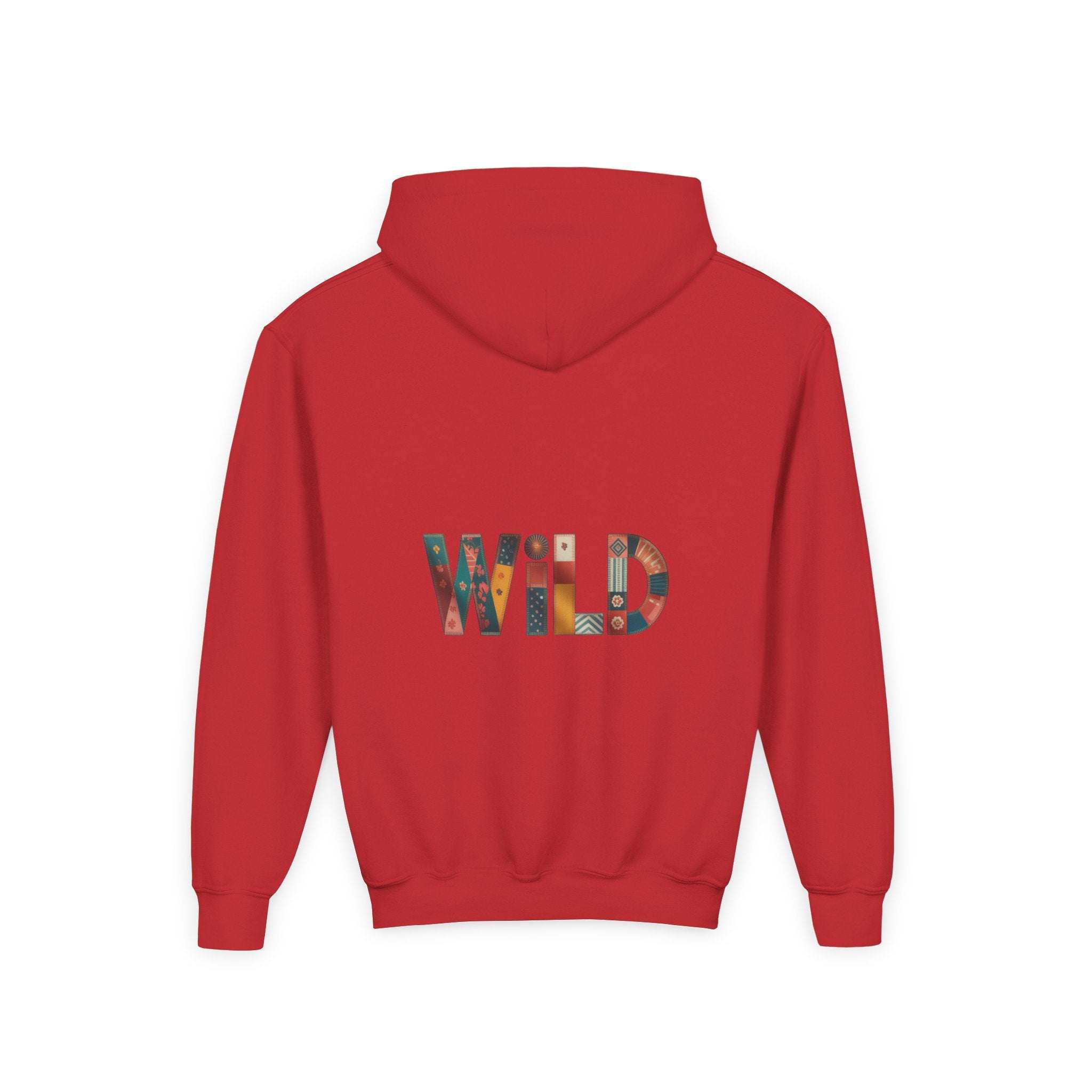Red Patchwork Wild Word Hoodie with colorful embroidered "WILD" text on back and kangaroo pocket