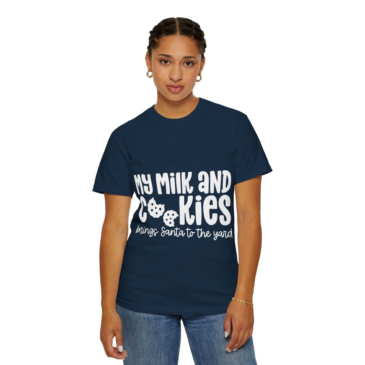 Women wearing navy holiday T-shirt with "My Milk and Cookies Bring Santa to the Yard" festive text design