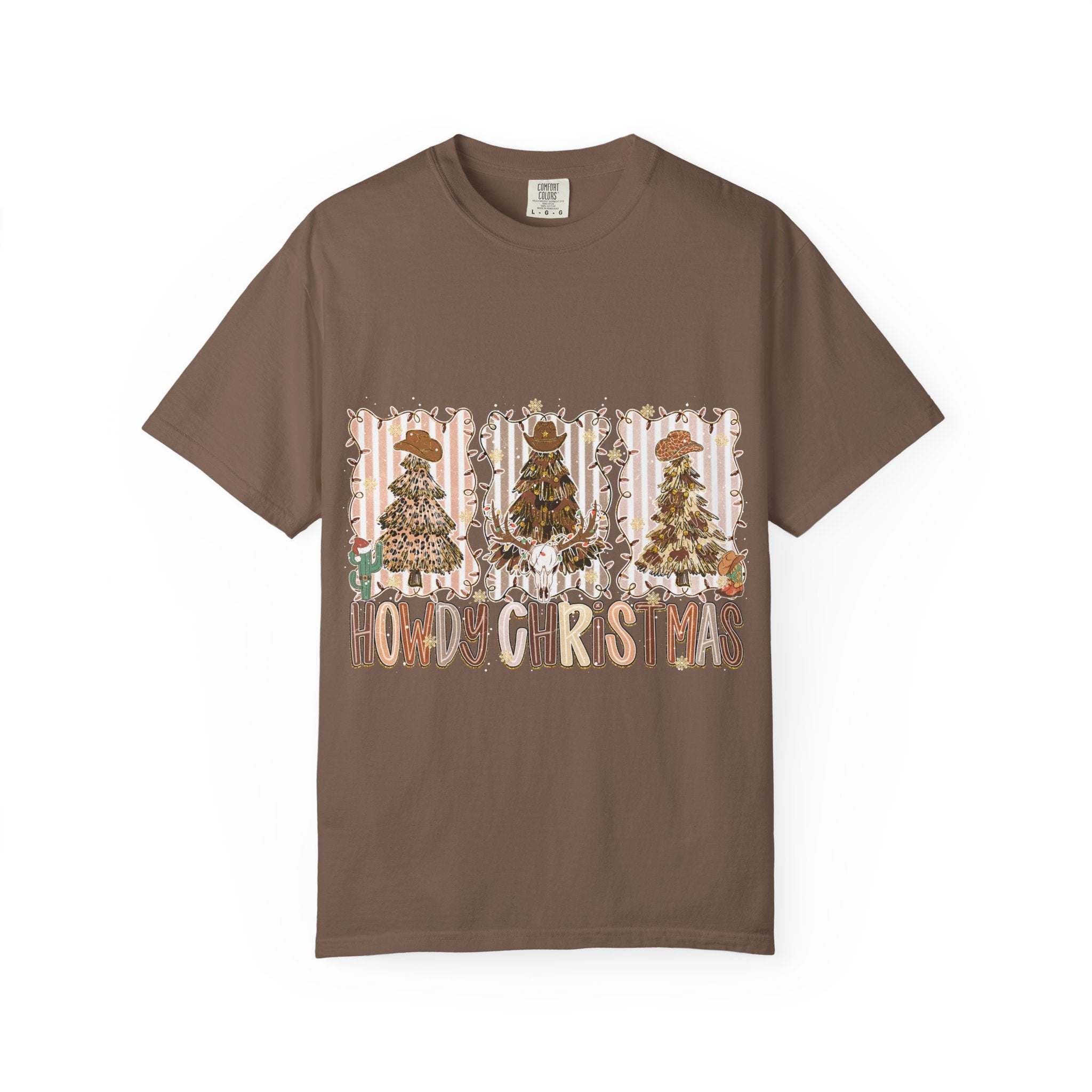 Cowboy Howdy Christmas brown t-shirt with festive cowboy hat Christmas trees design