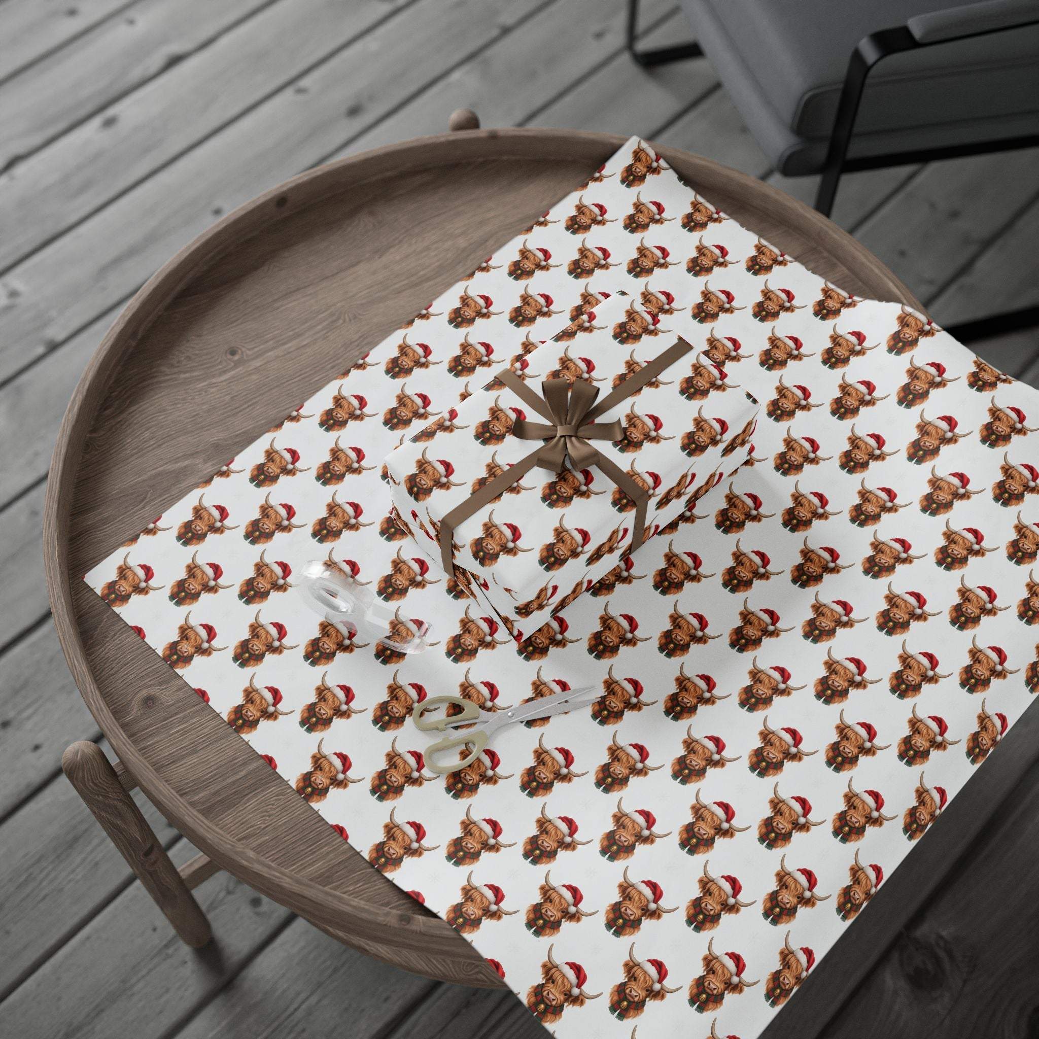 Gift wrapping papers with Santa Highland Cows design on thick fine art paper, perfect for Christmas gifts