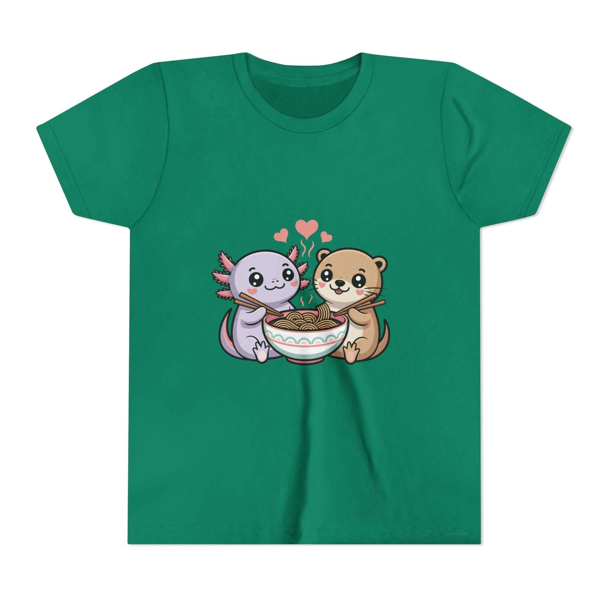 Cute kawaii animal kids shirt with axolotl and otter eating ramen on lightweight cotton tee