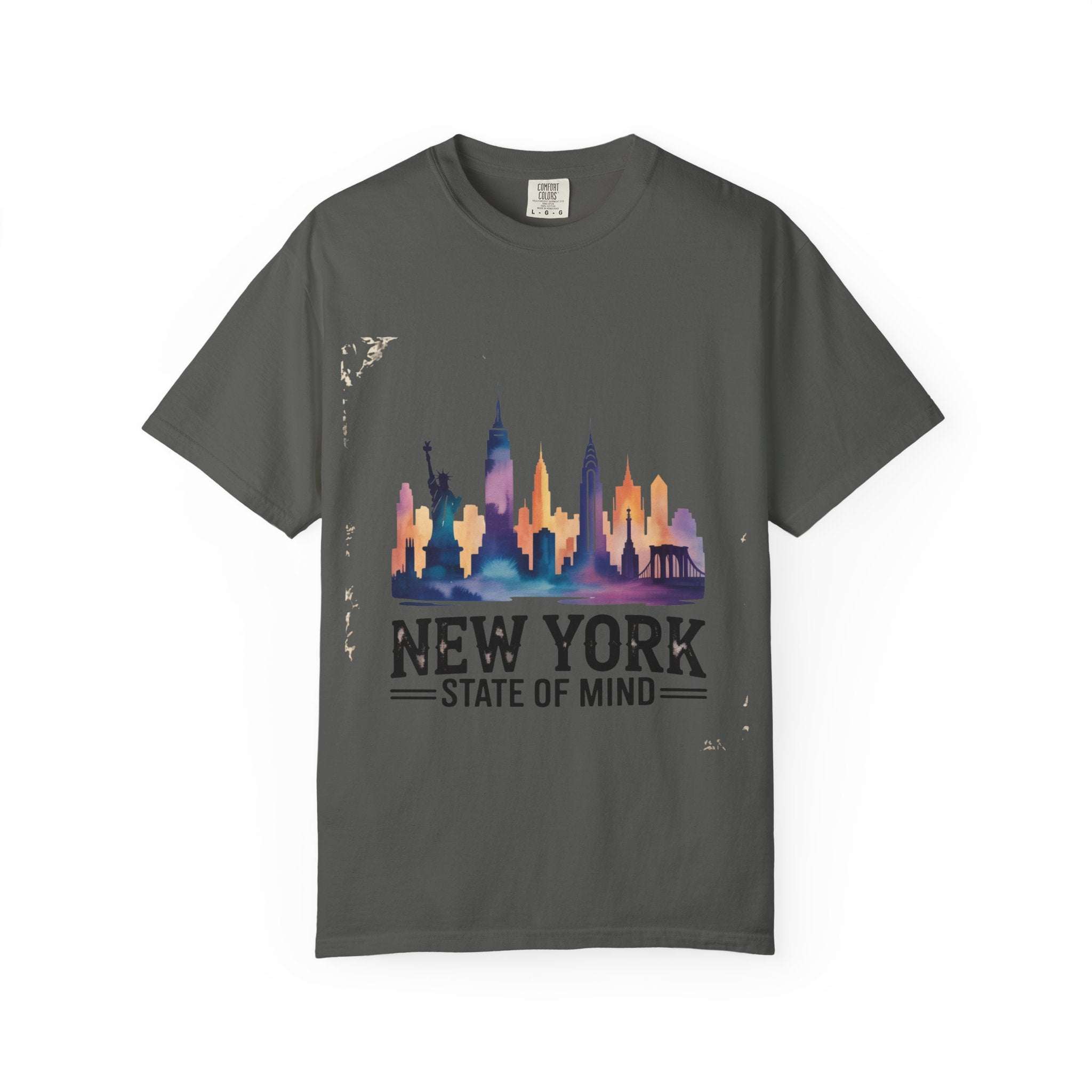 Garment-dyed red t-shirt featuring 'New York State of Mind' design by Printify, casual and comfortable fit