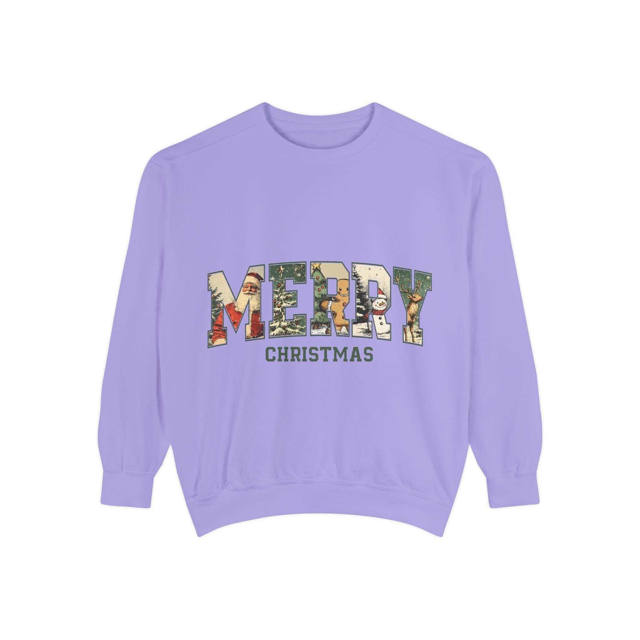 Vintage Varsity Merry Christmas unisex cozy garment-dyed sweatshirt with holiday print