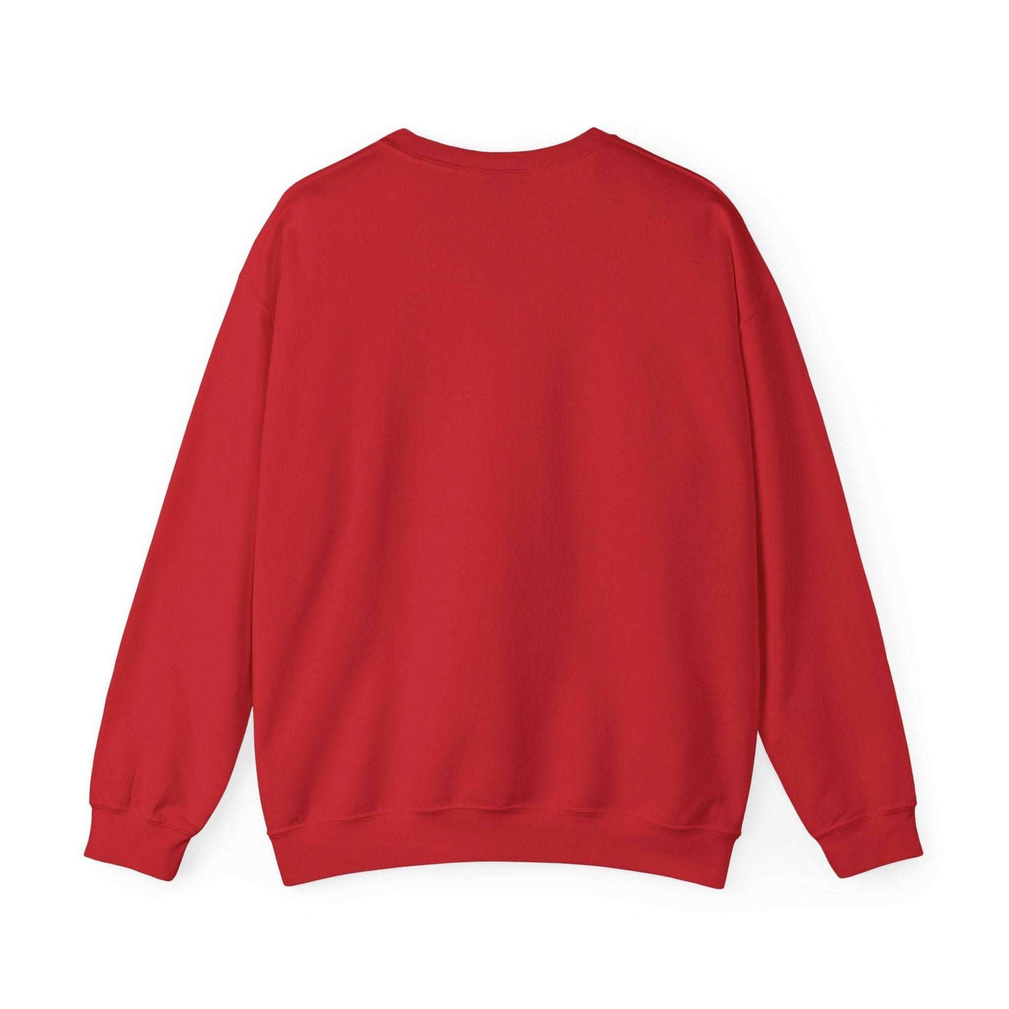 Red cotton blend varsity besties crewneck sweatshirt back view with classic fit and crew neckline
